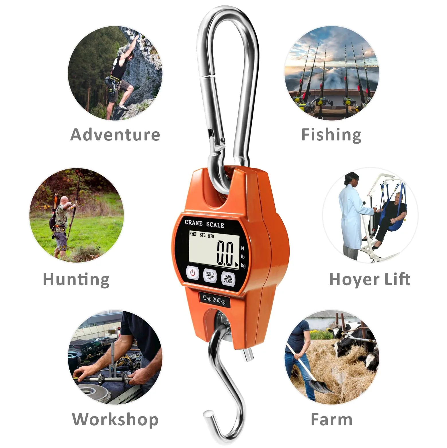 GRAM PRES Bilancia digitale per bagagli, portatile, 300 kg, per valigie, pesca, caccia all'aperto, display LCD