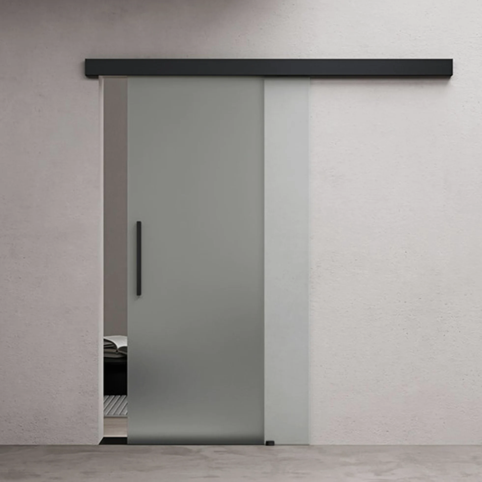 doporro Porta Scorrevole in Vetro 102.5x215cm, Porta Scorrevole in Vetro Satinato 8mm con Binario e Maniglia Per Asta per Bagno Cucina Studio Ufficio, Nero, Amalfi-plus 14H