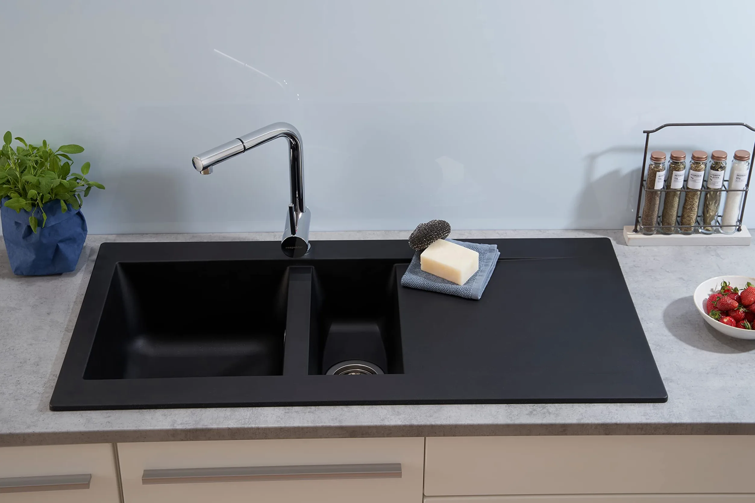 Respekta Lavello da Cucina Denver in Mineralite Color Nero, Lavello da Incasso con 1 vasca, dimensioni 100 x 50 cm, Lavello Adatto per Mobili Sottolavello da 60 cm di Larghezza