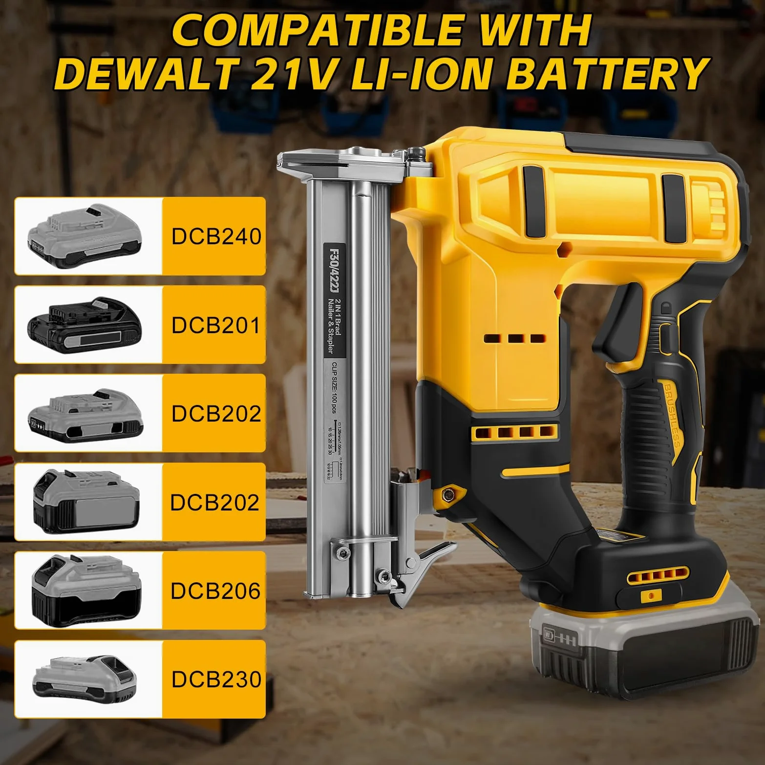 Set di chiodatrici a batteria da 18 GA, compatibile con Dewalt 20 V, pistola per unghie 2 in 1, con 500 chiodi e 500 staffe, per fai da te, lavorazione del legno (senza batteria)