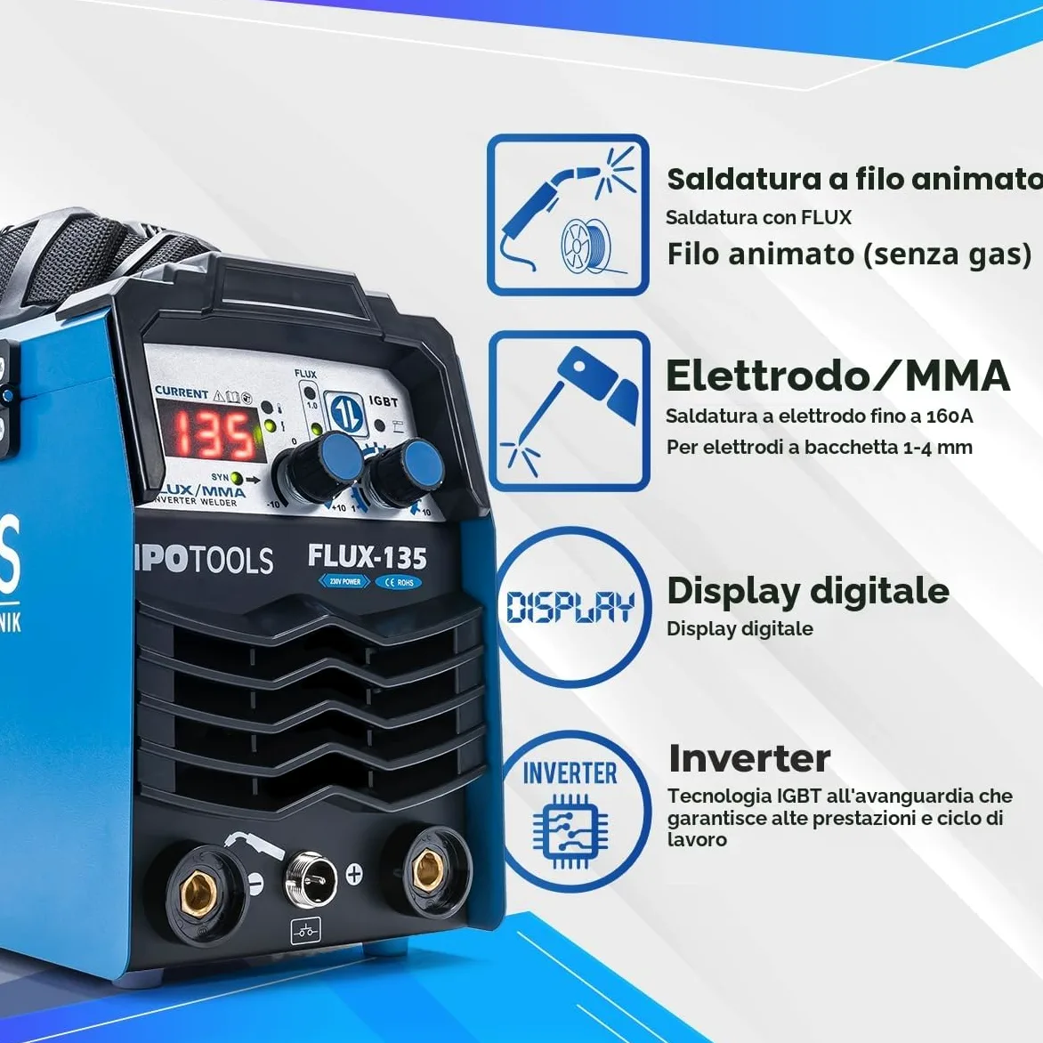 IPOTOOLS FLUX-135 - Saldatrice a filo di riempimento, senza gas, 135 A, senza gas, per saldatrice, filo di riempimento 0,8 mm o 1,0 mm, con MMA/IGBT/230 V