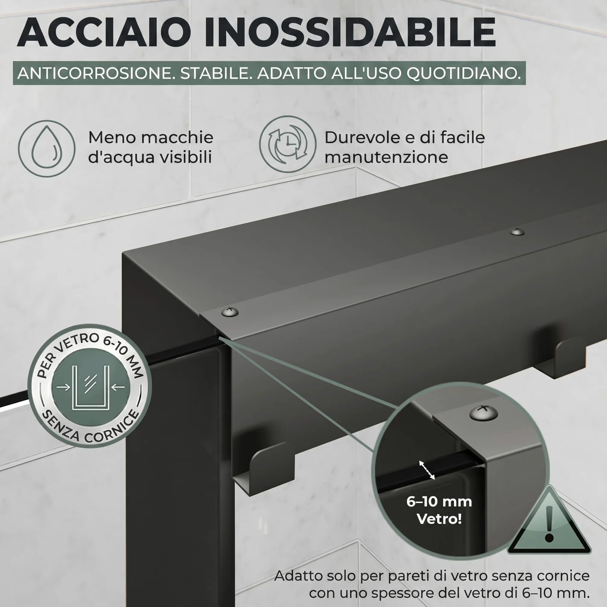 ShowerNIZR Mensola doccia Grey - Mensola doccia senza foratura da appendere alla parete in vetro in acciaio inox con 4 ganci porta shampoo per organizer doccia moderno e ordine nel box doccia