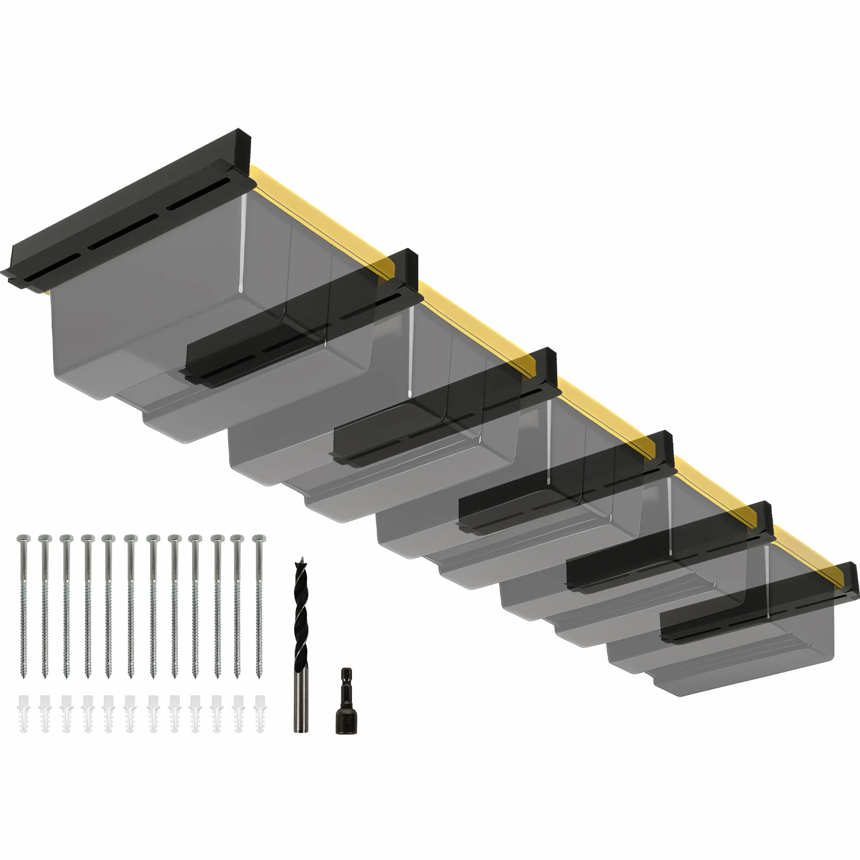 Rack portaoggetti da soffitto per garage a 5 contenitori, resistente, verniciato a polvere, per garage, capannoni, magazzini (6 pezzi, per 5 bidoni)