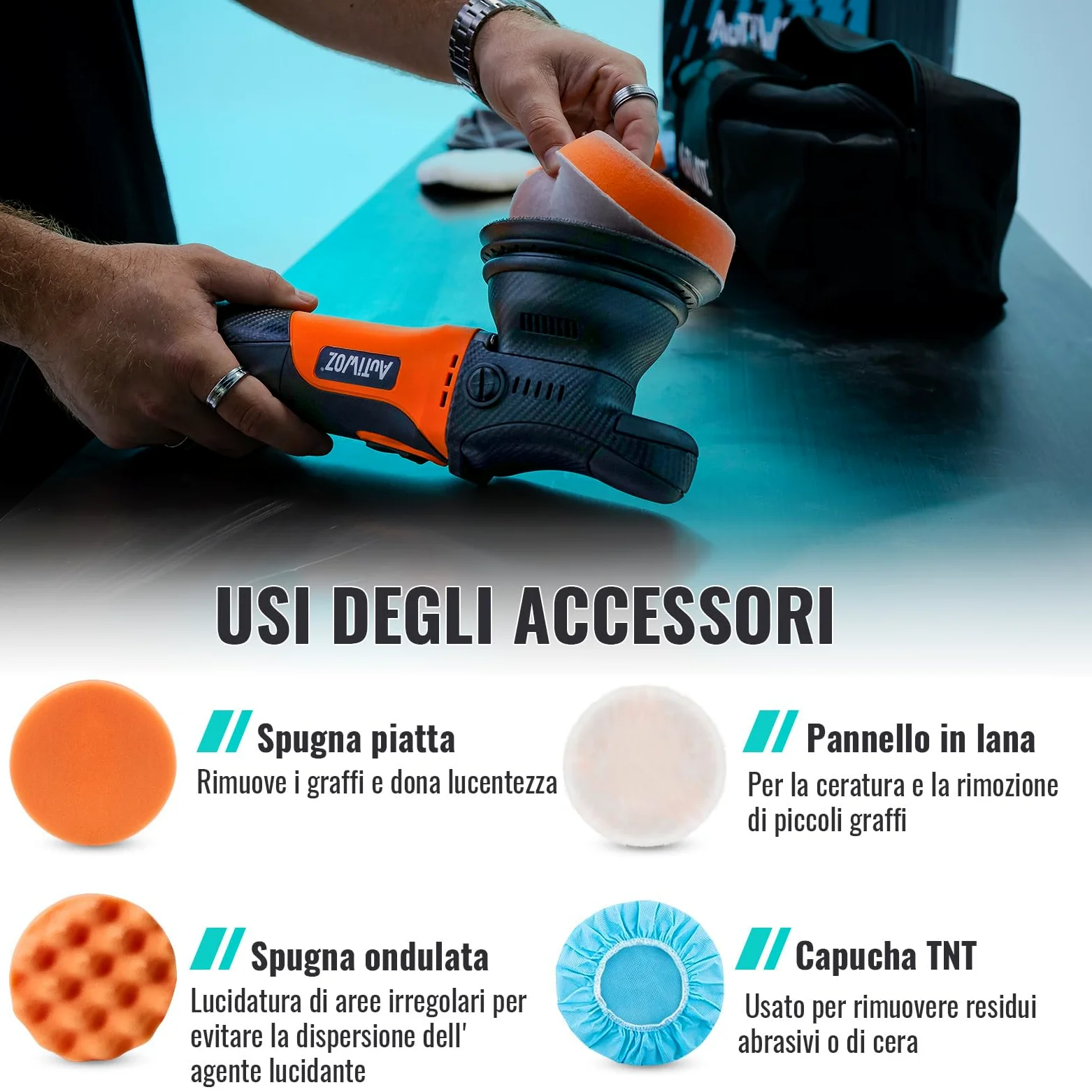AUTIWOZ 630W Lucidatrice Auto Orbitale 9mm,125mm Kit di Lucidatura,Levigatura Eccentrica Piccole Dimensioni,6 Velocità Variabili (2000-6200 giri/min),Cura dell'auto,Rimozione dei graffi - W01