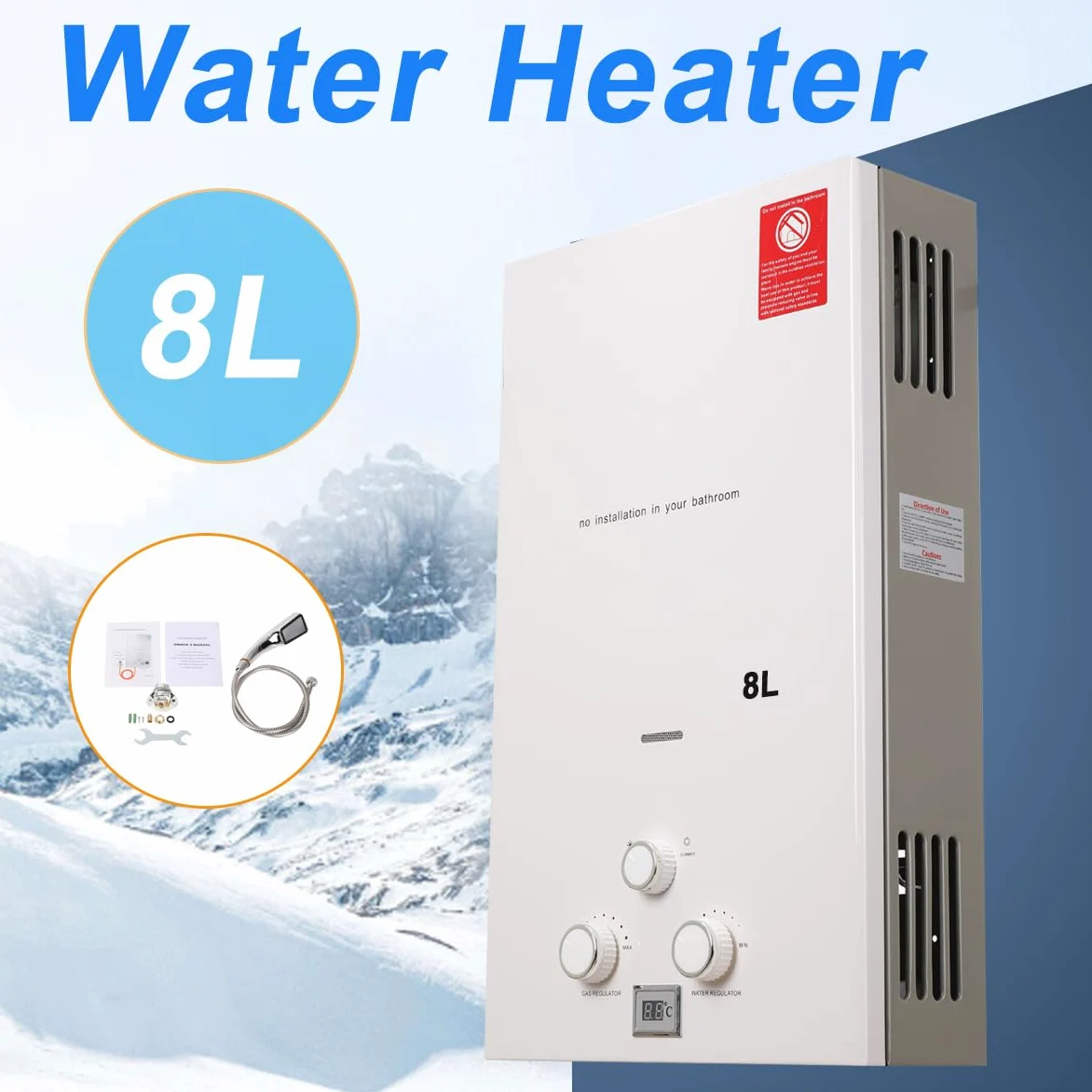8L 16KW GPL Scaldabagno a Gas, Gas a Parete senza serbatoio Scaldabagno istantaneo,con kit doccia e Display a LED,con Modalità Inverno ed Estate,Per Casa, Camper ed Esterni,bianco