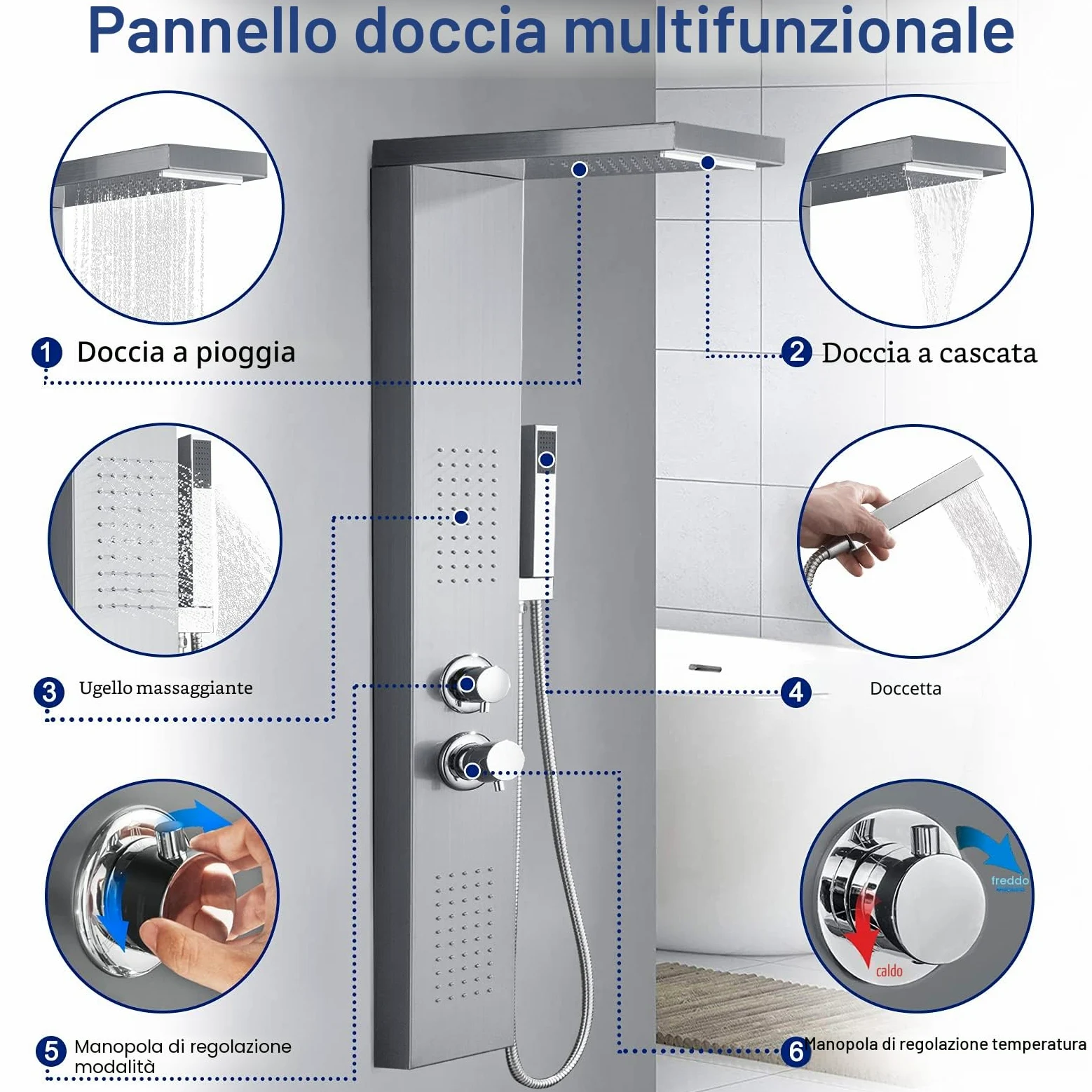 UISEBRT Pannello Doccia Idromassaggio in Acciaio Inox - 4 Funzioni Colonna Doccia Set con per Bagno Inox Sistema Set Doccia con Soffione Fisso,Massaggi,Doccetta e Bocca Vasca (Argento)