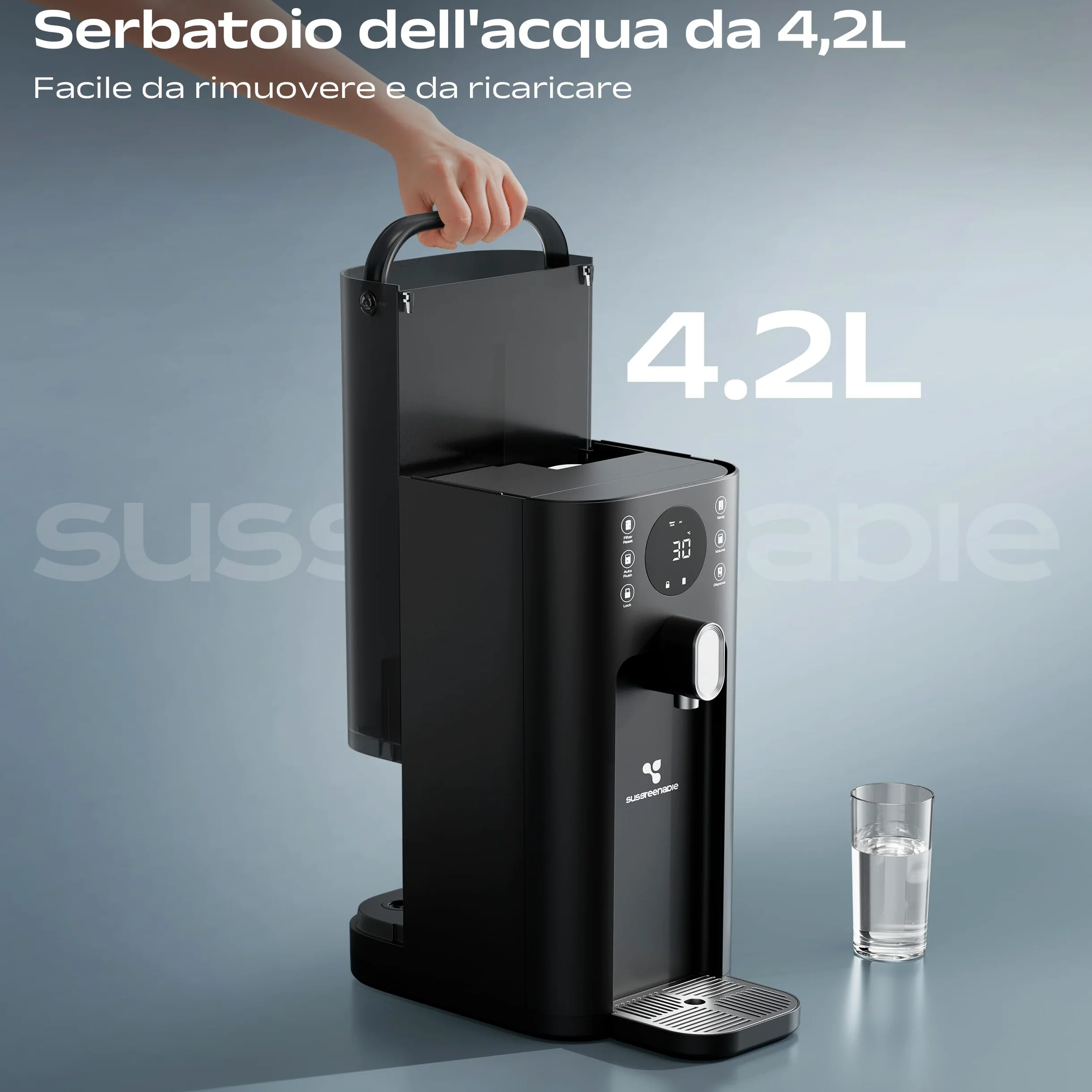 CIARRA X SusGreenable Depuratore Acqua a Osmosi Inversa da Tavolo, Acqua Calda Istantanea 3s, Filtro RO 4 Stadi, Serbatoio 4.3L, 4 Temperature, Display TDS, Senza Installazione