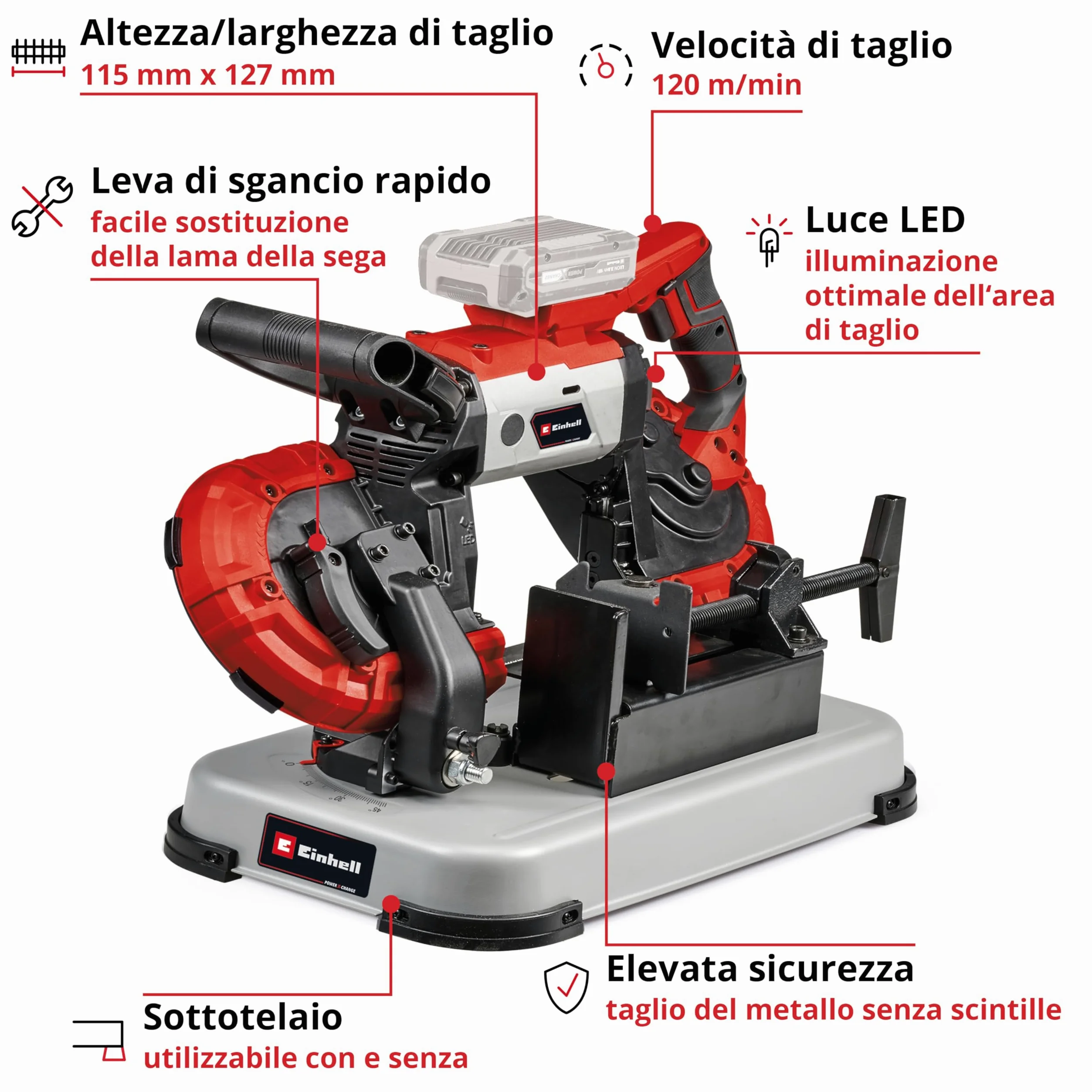 Einhell Sega a nastro per metallo a batteria TE-MB 18/127 U Li-Solo Power X-Change (18 V, altezza di taglio 115 mm, larghezza di taglio 127 mm, telaio inferiore, incl. 2 lame a nastro, senza batteria)