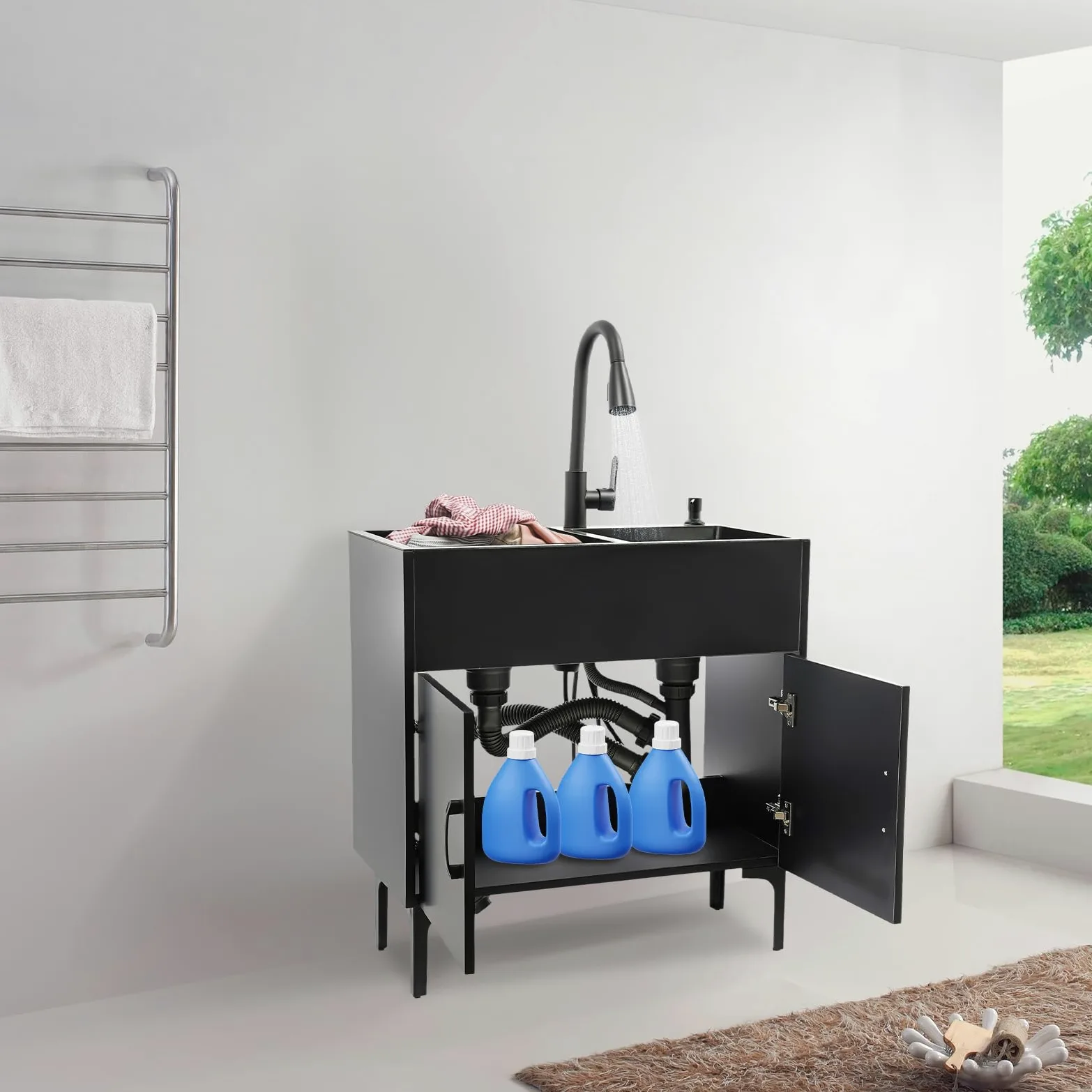 Lavello da cucina indipendente, in acciaio inox con base e rubinetto estraibile, set di lavandini mobili doppio per ristorante, cucina domestica