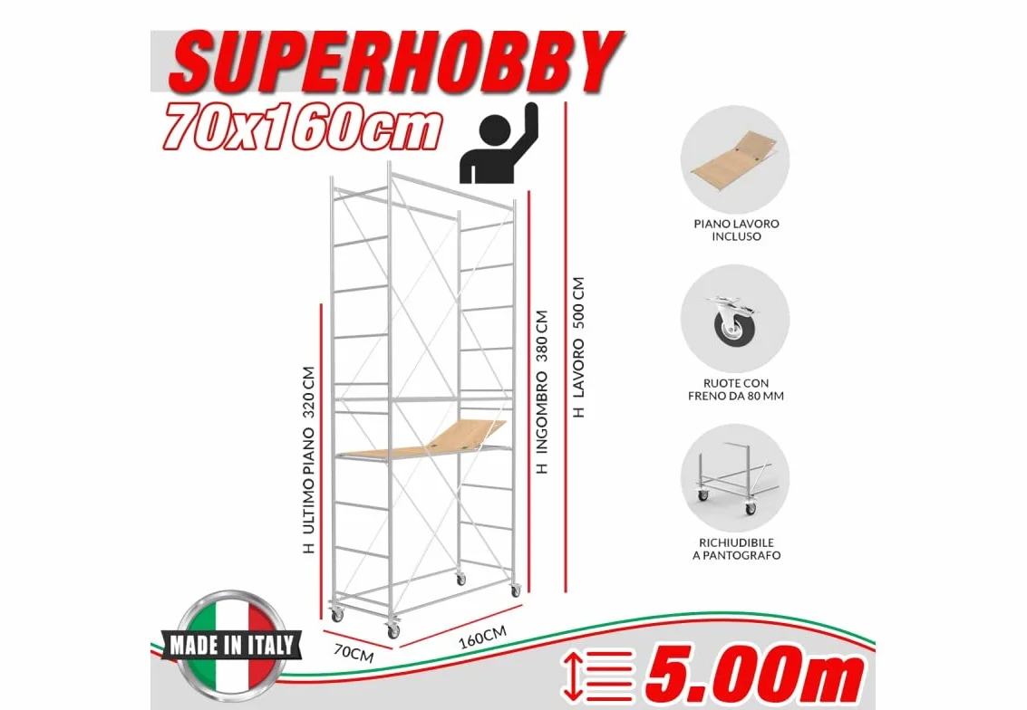 Trabattello altezza di lavoro 5,00 m in acciaio serie SUPER HOBBY made in italy I SCEDIL