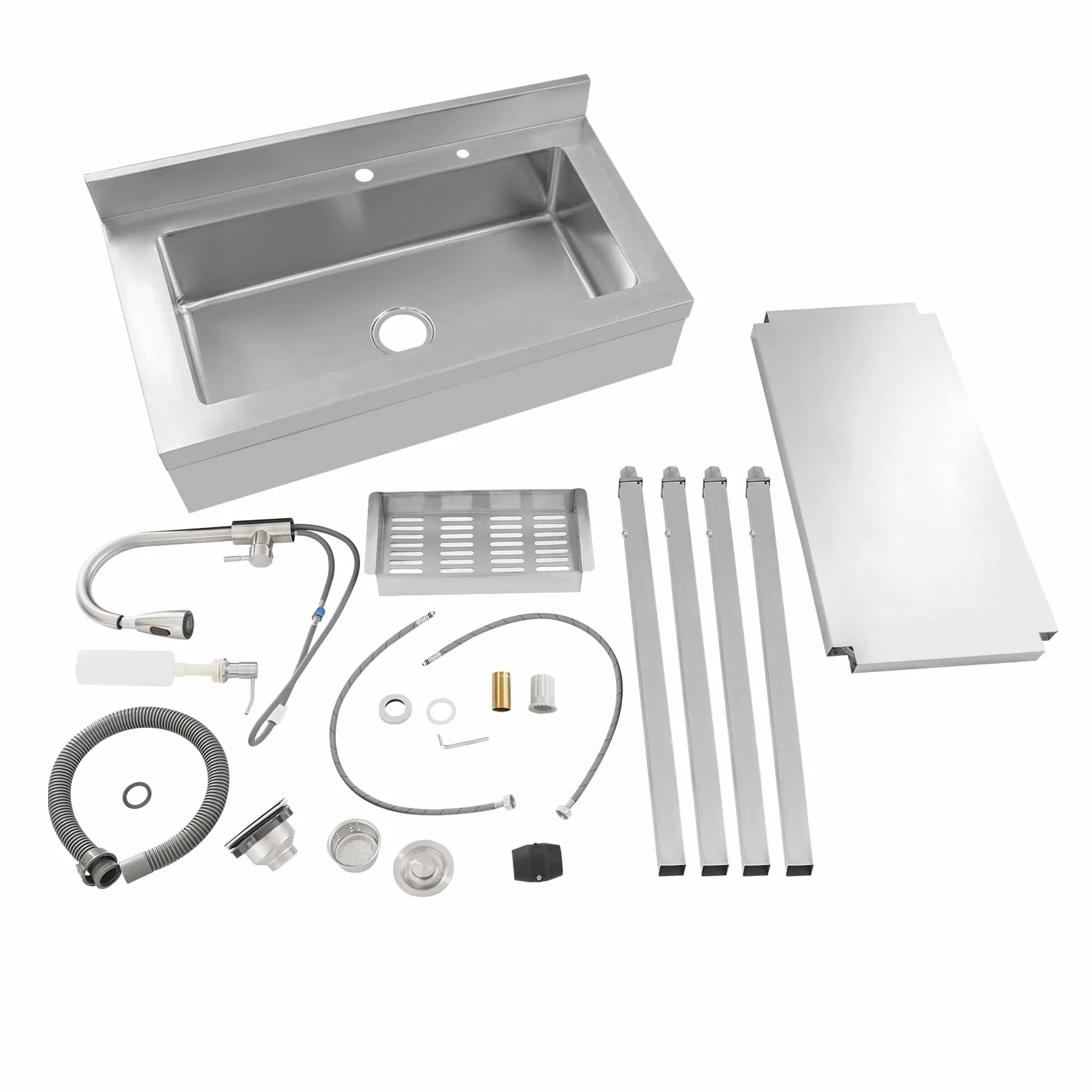 Lavando in acciaio inossidabile a libera installazione, lavello singolo lavello da cucina rettangolare con piedistallo, lavello mobile per cucina, garage, esterno (90x50x80 cm)