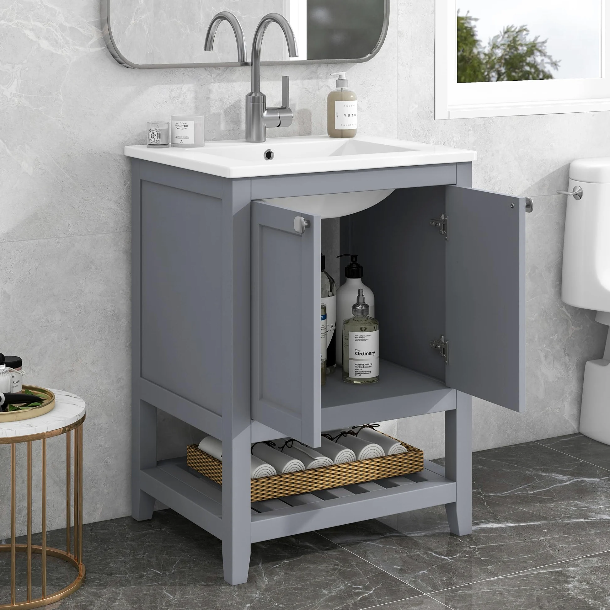 Mobile da bagno singolo con base 60 cm con lavabo in ceramica, grigio chiaro