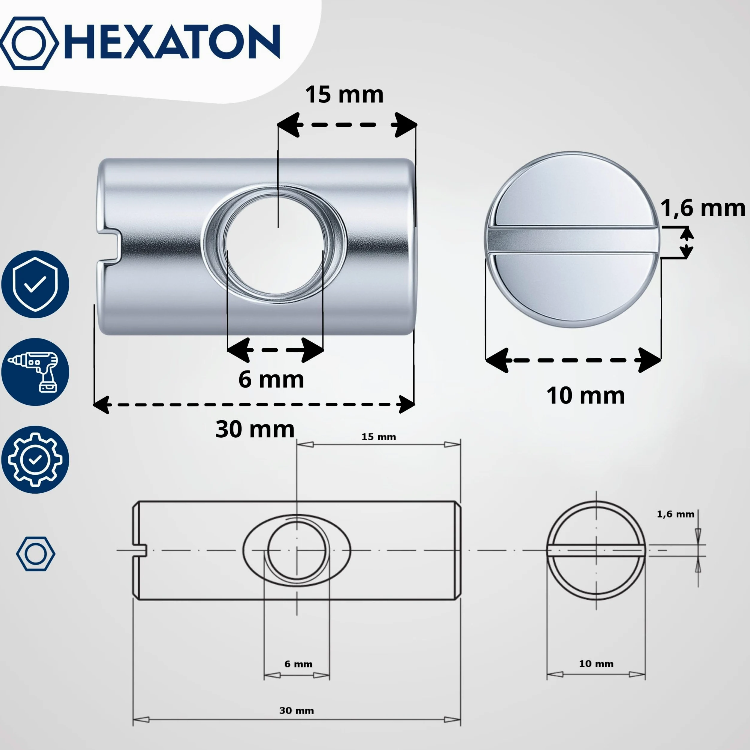 HEXATON Croce Tasselli Barrel Dadi Filettatura Dadi Cilindrici Simmetrici - M6 x 10 x 30 mm - 100 Pezzi - Acciaio Zincato Bianco