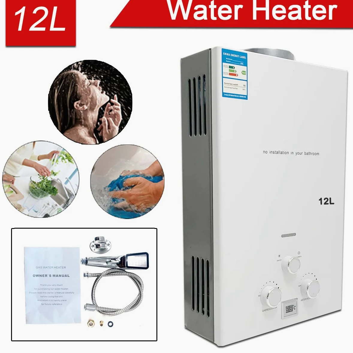 Scaldabagno a Gas GPL 12L 24KW, Portatile Istantaneo Scaldabagno Butano Propano, Doccia allaperto Bagno, Adatto Casa Campeggio Esterno RV, con certificazione CE, Tubo Doccia