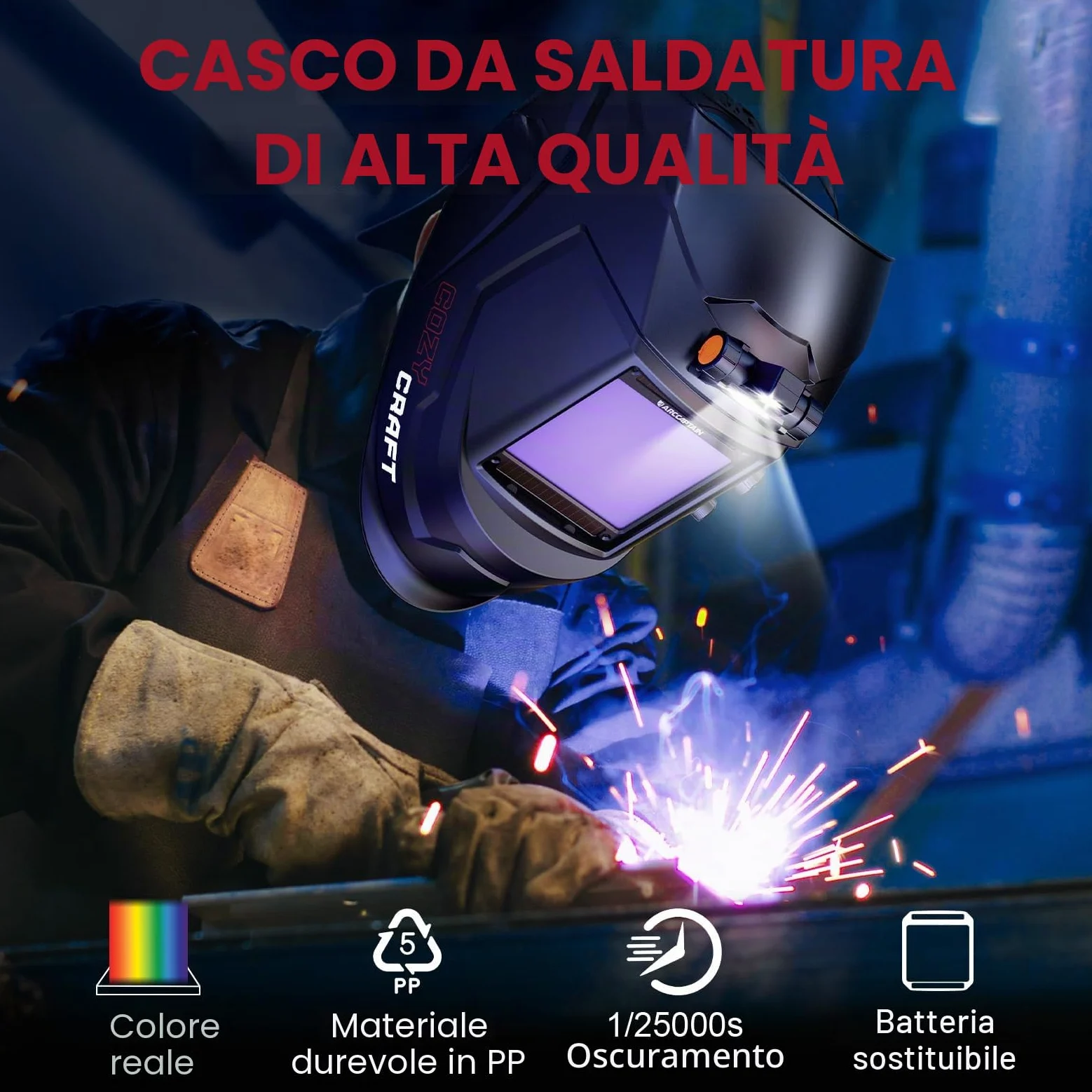 ARCCAPTAIN 10 x 9,3 cm, casco per saldatura auto oscurante, ad energia solare, cappuccio per saldatura a colori veri, casco per saldatore con chiarezza ottica 1/1/1/1, 4 sensori ad arco largo 4/5-9/9