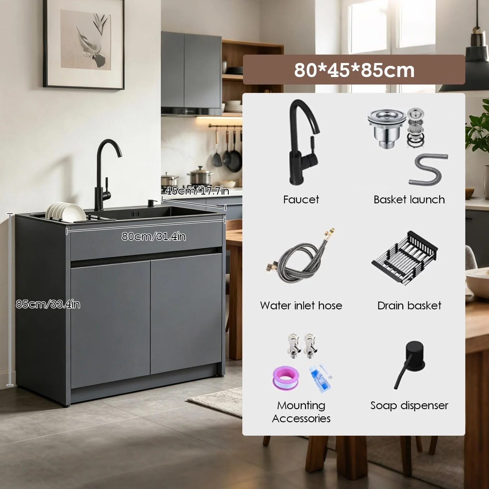 Lavello da Esterno Autoportante con Mobile per Giardino e Officina, lavabo in acciaio inox nero, corpo in alluminio alveolare con piedini regolabili, miscelatore caldo/freddo e kit di scarico inclusi