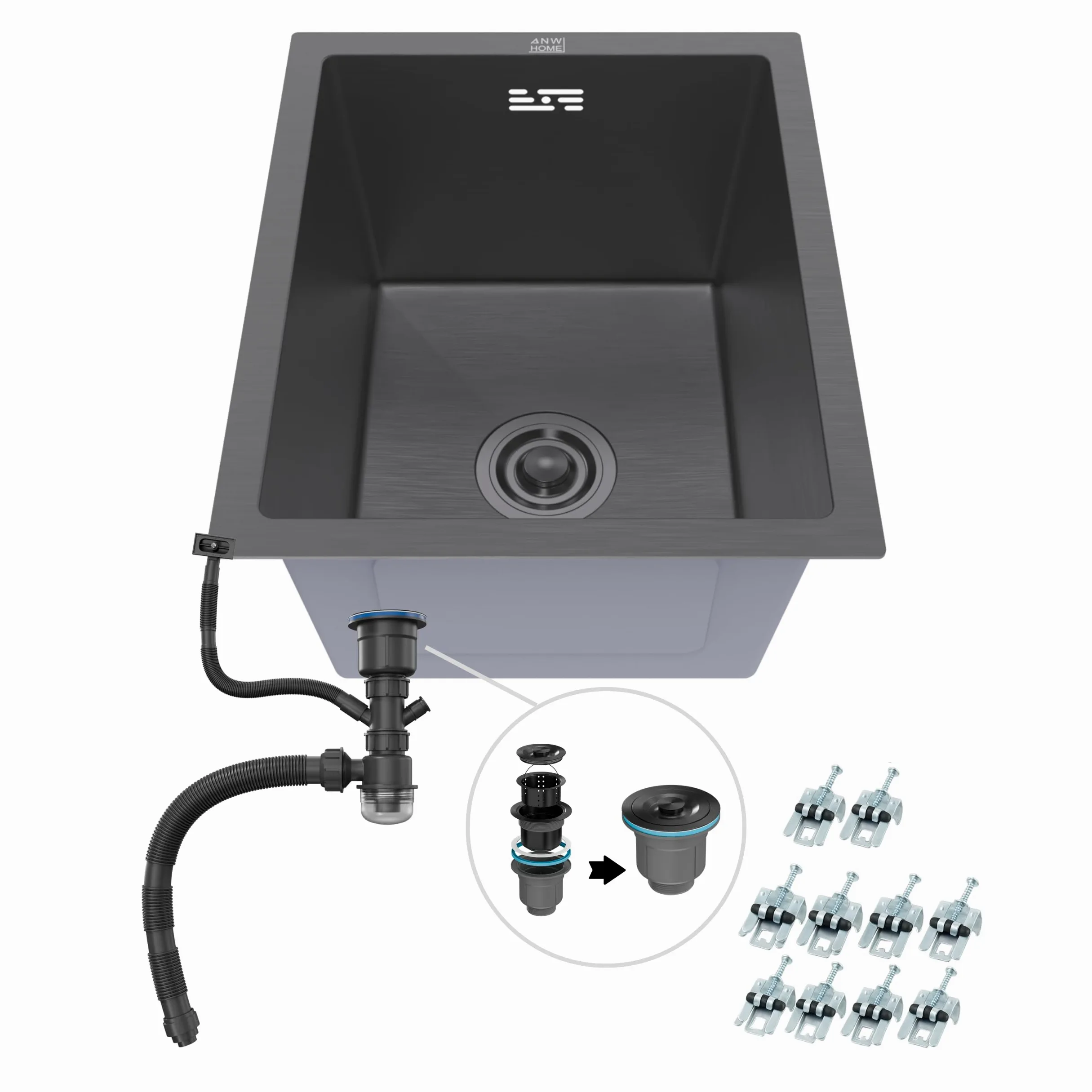 ANW HOME Lavello Cucina 1 Vasca Lavandino Cucina Acciaio Inox 304, Lavello da Incasso o Sottotop 37x45 cm Grafite PVD, Rivestimento Nano, Spessore 3,0+1 mm, Profondità 22 cm, con Sifone