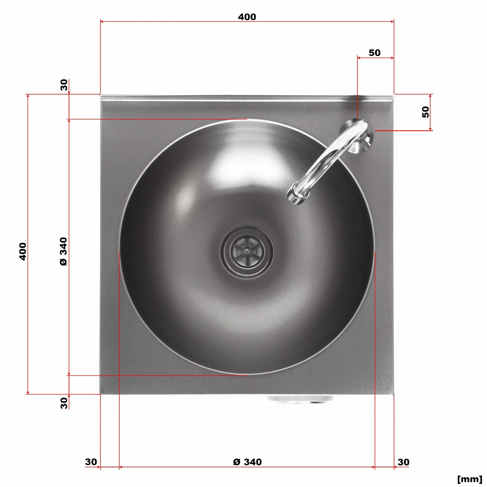 XPOtool Lavello professionale acciaio inox vaschetta rotonda comando a ginocchio montaggio a parete