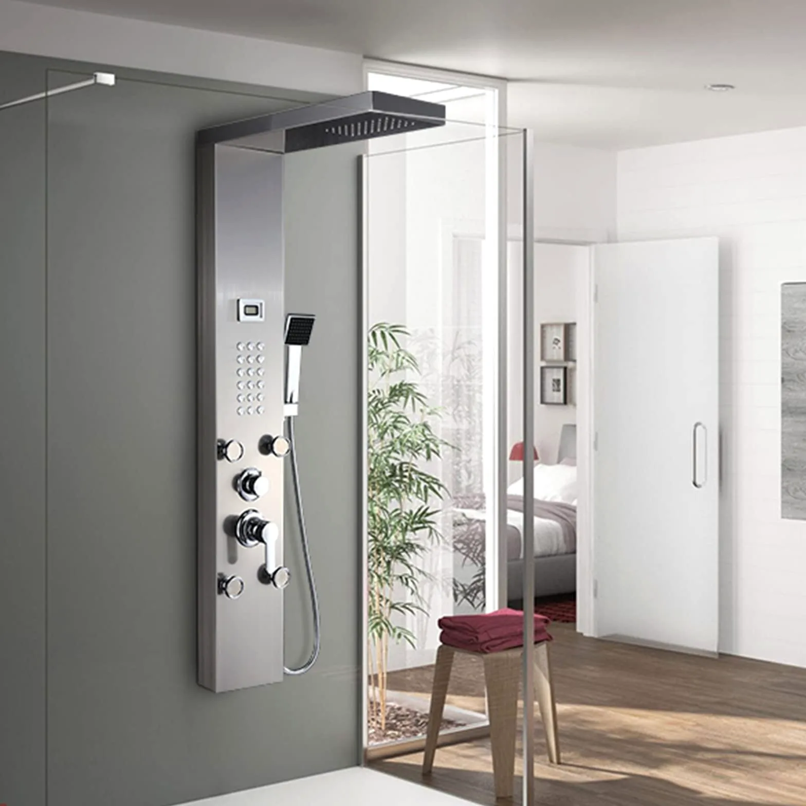 Auralum Colonna Doccia Idromassaggio 4 Funzioni con Soffione Doccia e Doccetta, Pannello Doccia Idromassaggio con Display LCD, Pannello Doccia con Miscelatore in 304 Acciaio Inox per Bagno