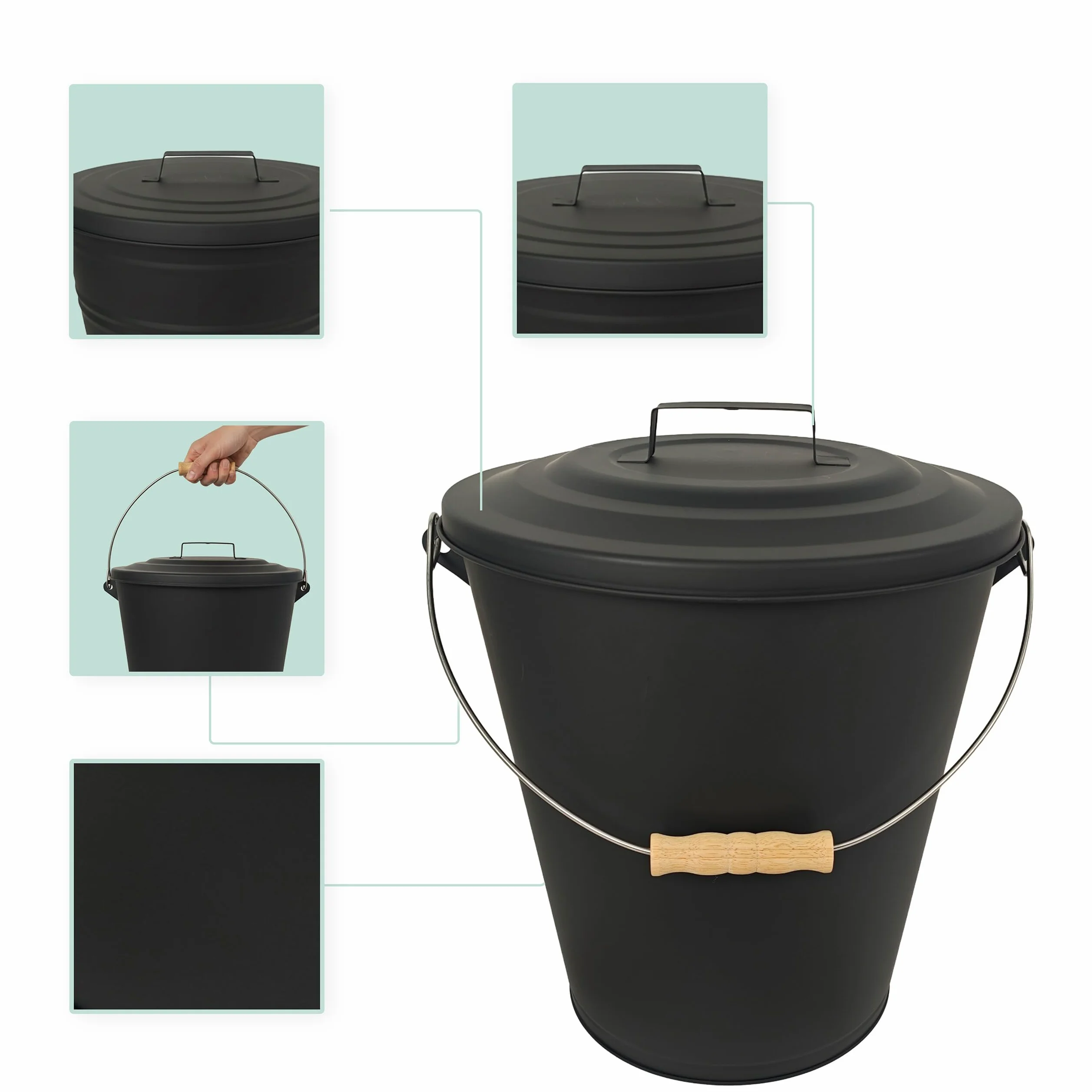 Relaxdays Secchio per Cenere con Coperchio, 24 L, Scopa e Paletta per Camino, Contenitore con Manico, Nero/Naturale