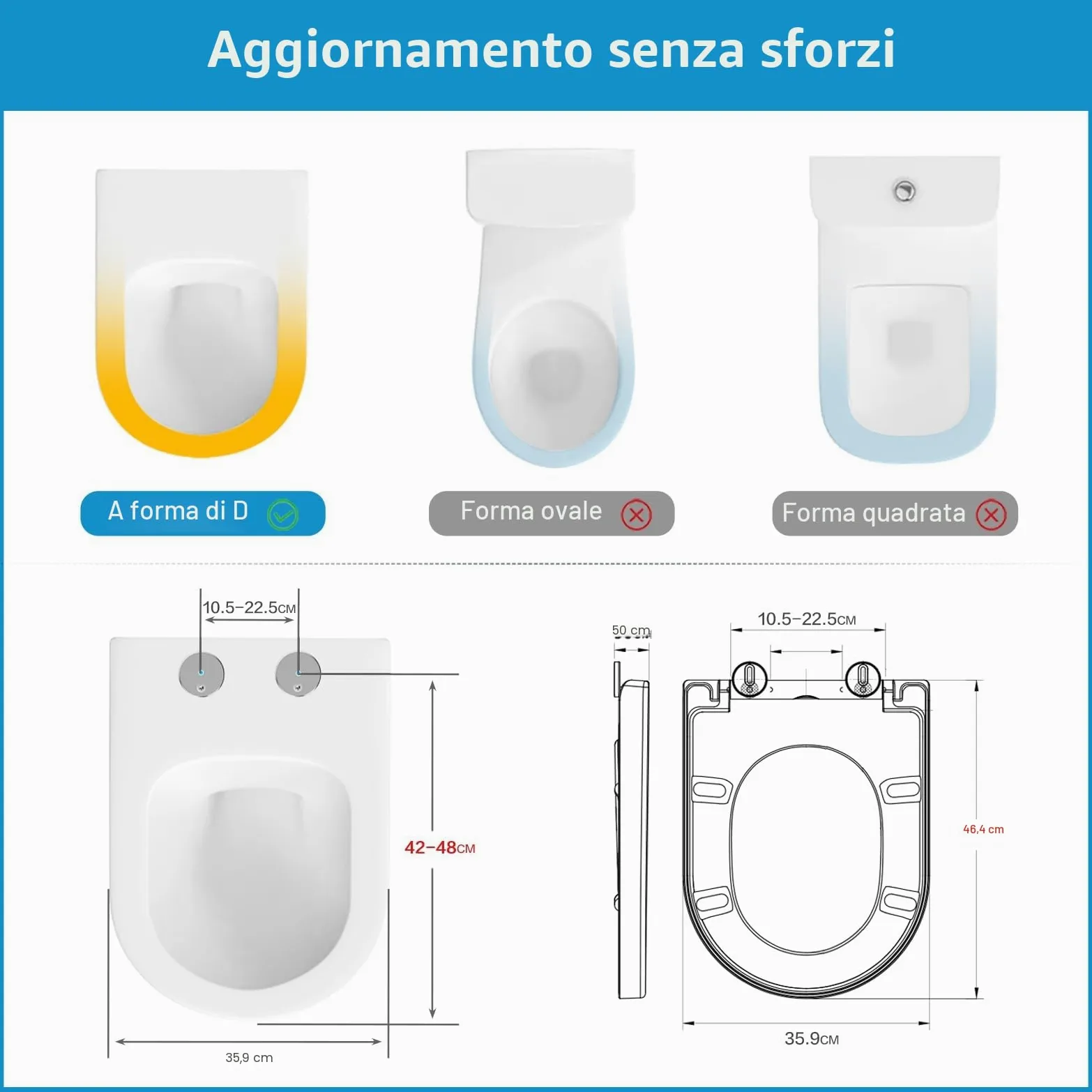 YEAUPE PRO Tavoletta WC Universale D Forma [LUNGO],Copriwater in Urea-Formaldeide,Sedile WC Con Chiusura Ammortizzata e Funzione di Sgancio Rapido, Bianco, 46,4 * 35,9 * 5CM