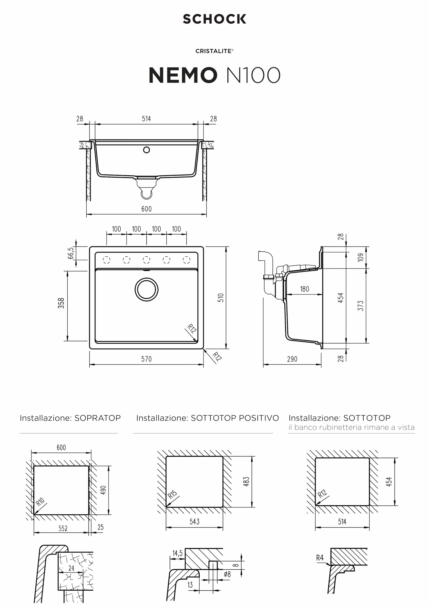 SCHOCK | Lavello Cucina Nemo N100 1 Vasca, Materiale Cristalite®, Antracite, 570x510mm