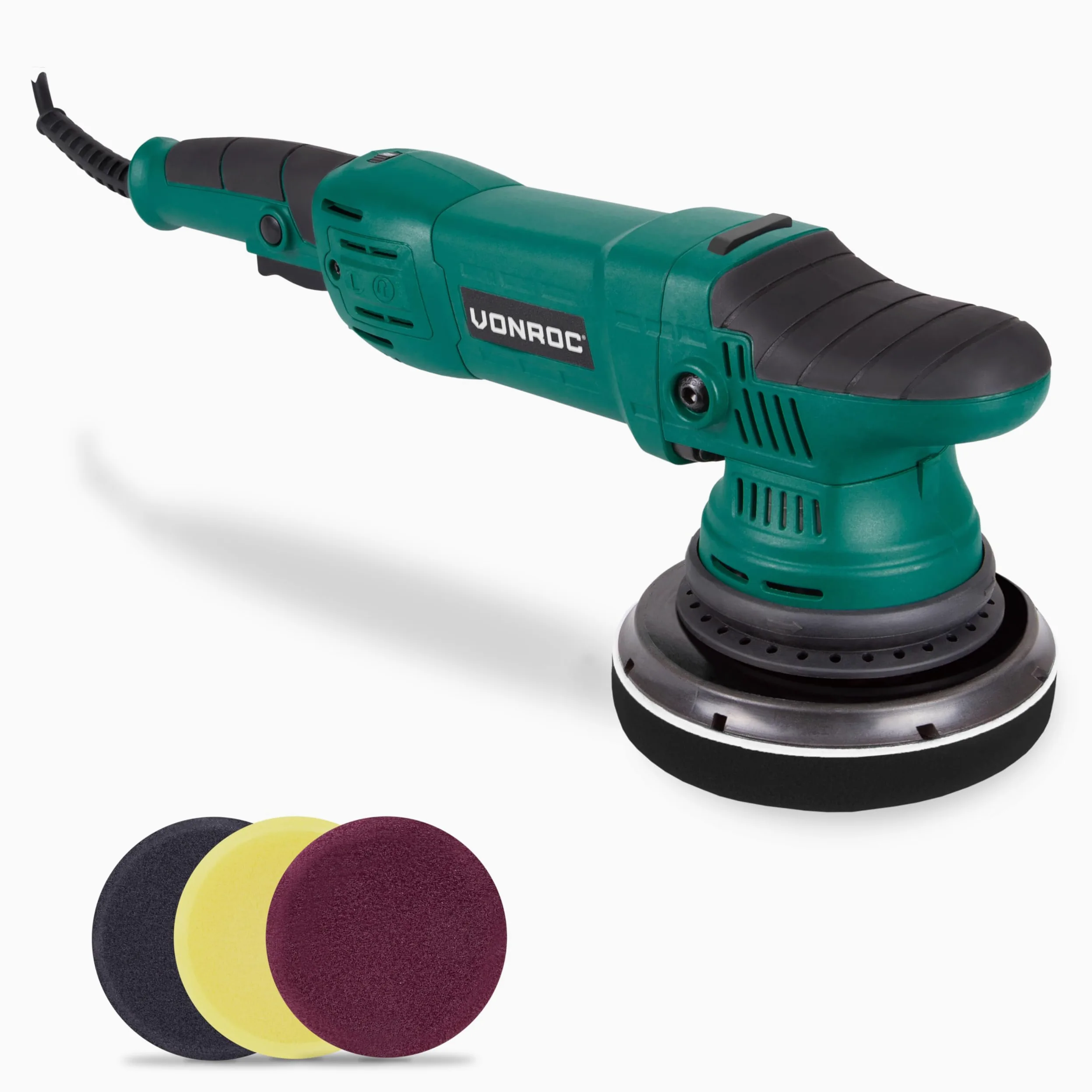 VONROC Lucidatrice Auto 1050W, Orbitale Doppia Azione 21mm, Velocità Variabile 1400–4800 RPM, Disco 150mm con Velcro, Soft Start, Cavo 4m – Per Lucidatura Auto, Barca e Rimozione Graffi - Con 4 dischi
