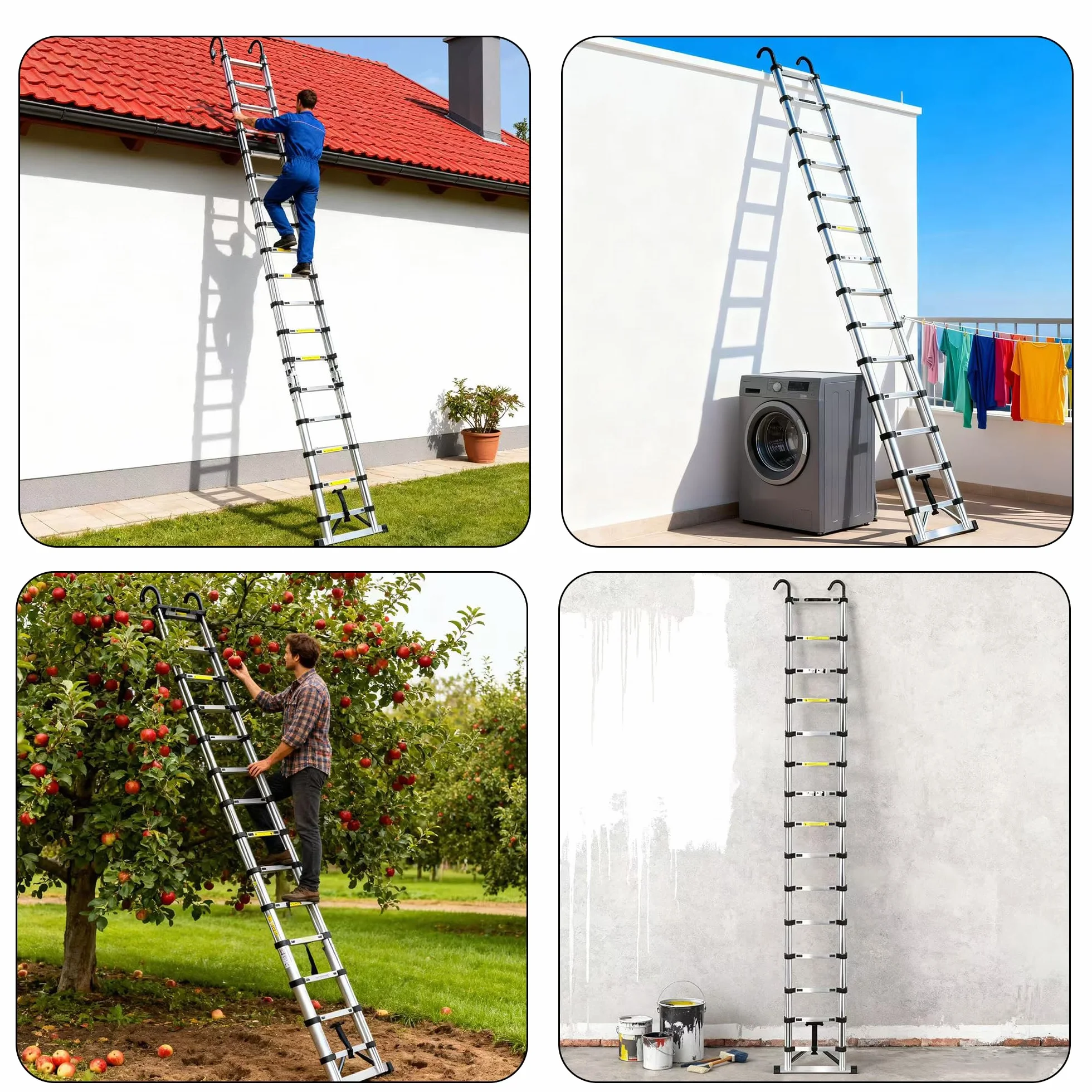 6.3m Scala telescopica in Acciaio Inossidabile,Scala Telescopica Pieghevole con Ganci Staccabili Barra Stabilizzatrice,Scala Retrattile Adatto per Migliorie domestiche Carico 150 KG
