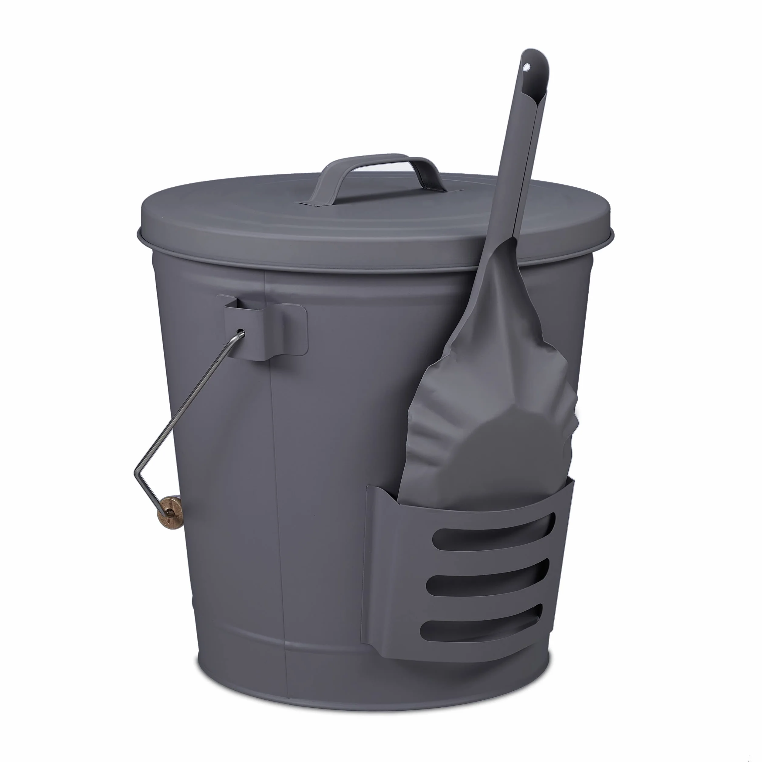 Relaxdays Secchio Portacenere per Camino 19 L, Contenitore per Cenere, Carbonella con Manico Coperchio e Paletta, Grigio