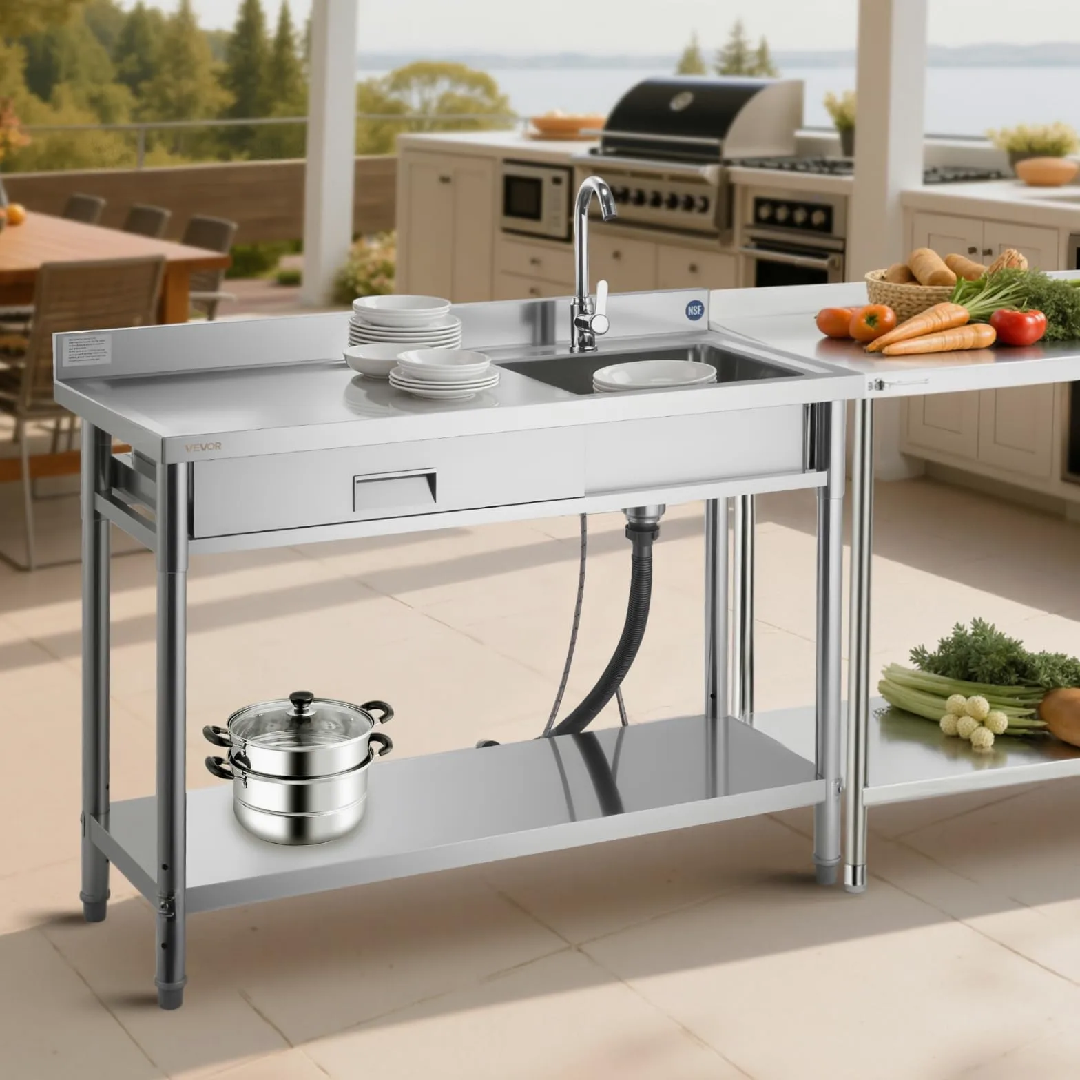 VEVOR Lavandino Mobile da Cucina 1200 x 500 x 940 mm, Vasca Singola con Rubinetto e Cassetto, Lavello da Cucina per Garage, Ristorante, Lavanderia, Lavabo da Esterno con Piano di Lavoro Sinistra