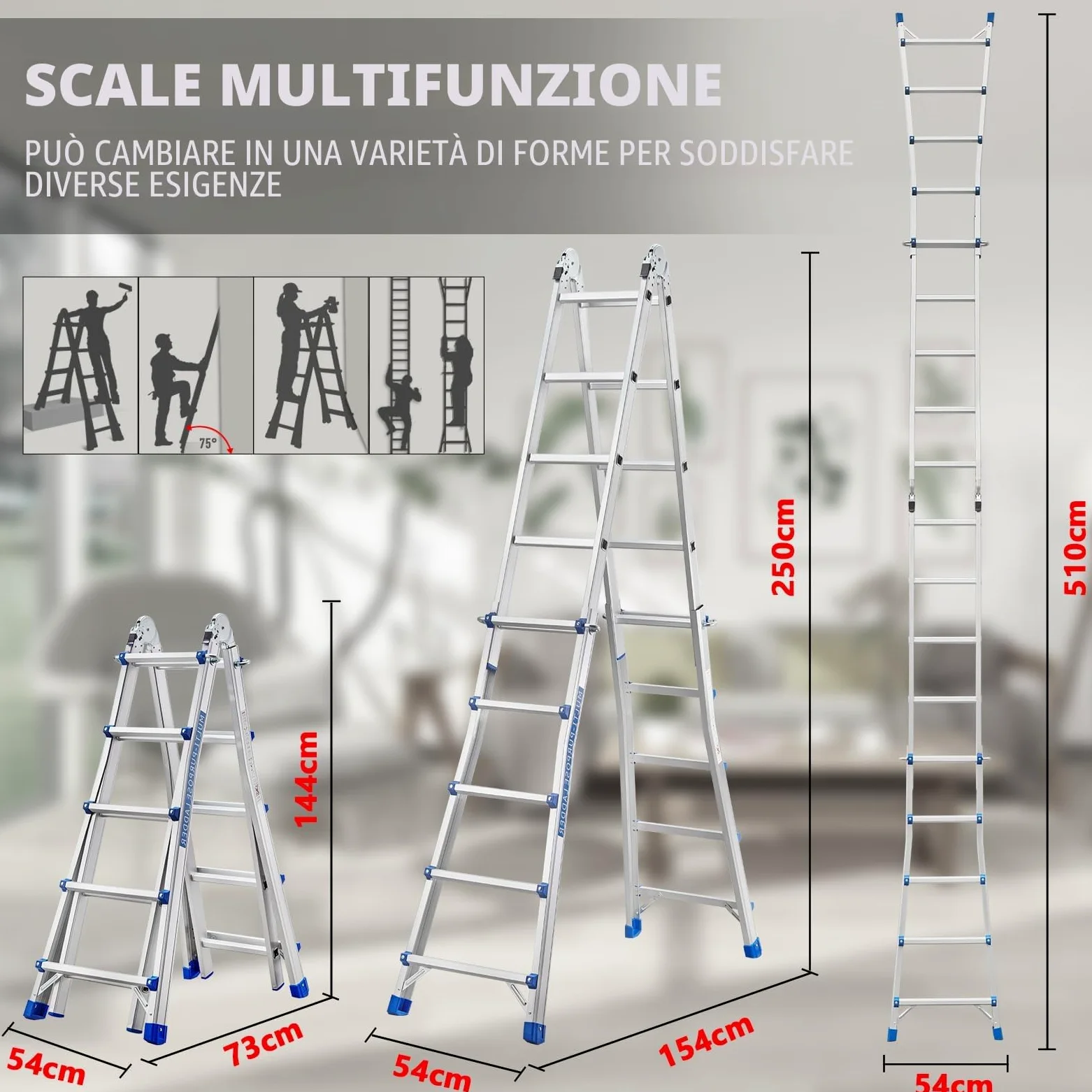 STANEW Scala Singola in Alluminio Multiuso 5,1m 4x5 pioli, Scala Multifunzione Telescopica Professionale, Pieghevole, Cavalletto di Prolunga, a Gradini e Bifacciale, Portata Max 150 Kg