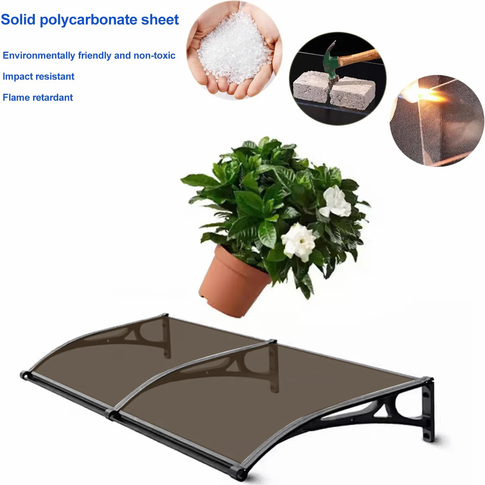 Pensilina Tettoia per Porta e Ingresso in Alluminio,Tende da Sole Marrone,Tendone in Policarbonato Curvo,Garden Pensilina da Esterno,Resistente ai Raggi UV Antipioggia (50x280cm)