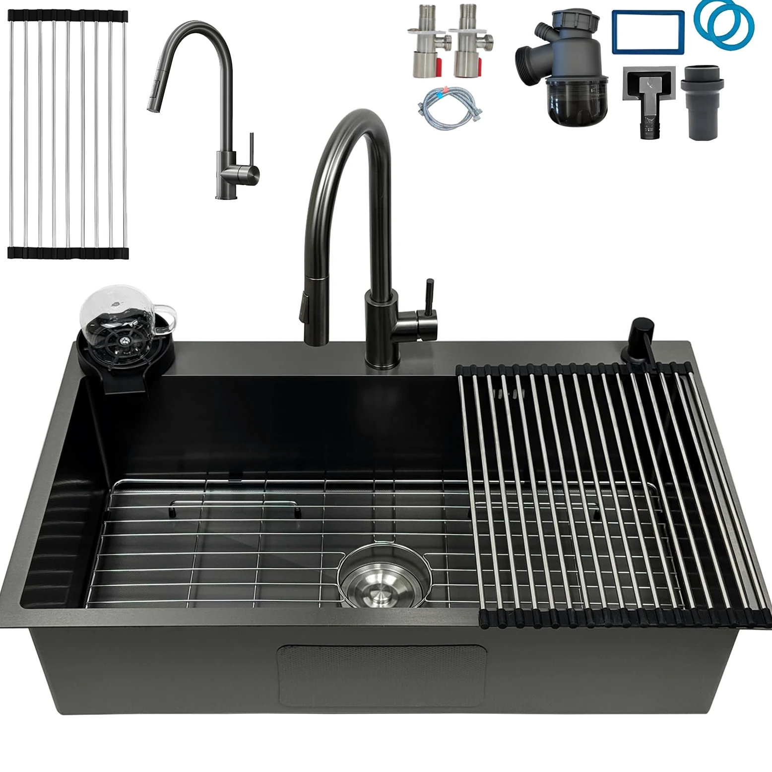85x50cm Acciaio Inox Lavello Cucina 1 Vasca Grigio Nero, Con Griglia In Acciaio Inox Nano, Lavabo Cucina con 3 Fori Scolapiatti da Appoggio con Rubinetto, con Dispenser Sapone Da Appoggio