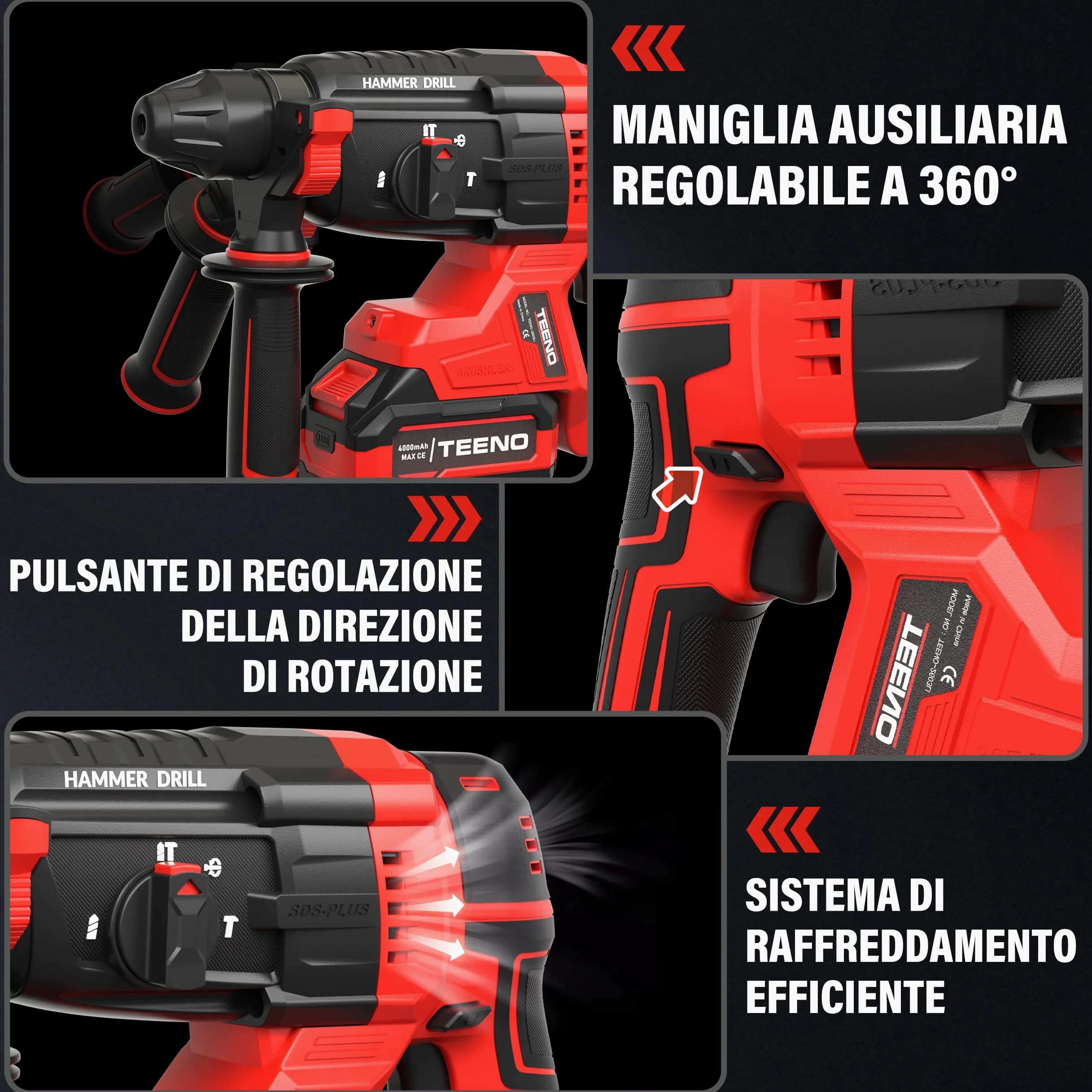 Tassellatore a Batteria 20V Senza Spazzole, 2.6J, 1500RPM, 4850BPM, SDS-Plus 3 Funzioni, 2×4.0Ah Batterie e Caricatore, Luce LED, Design Antivibrazione con Valigetta e 8 Accessori