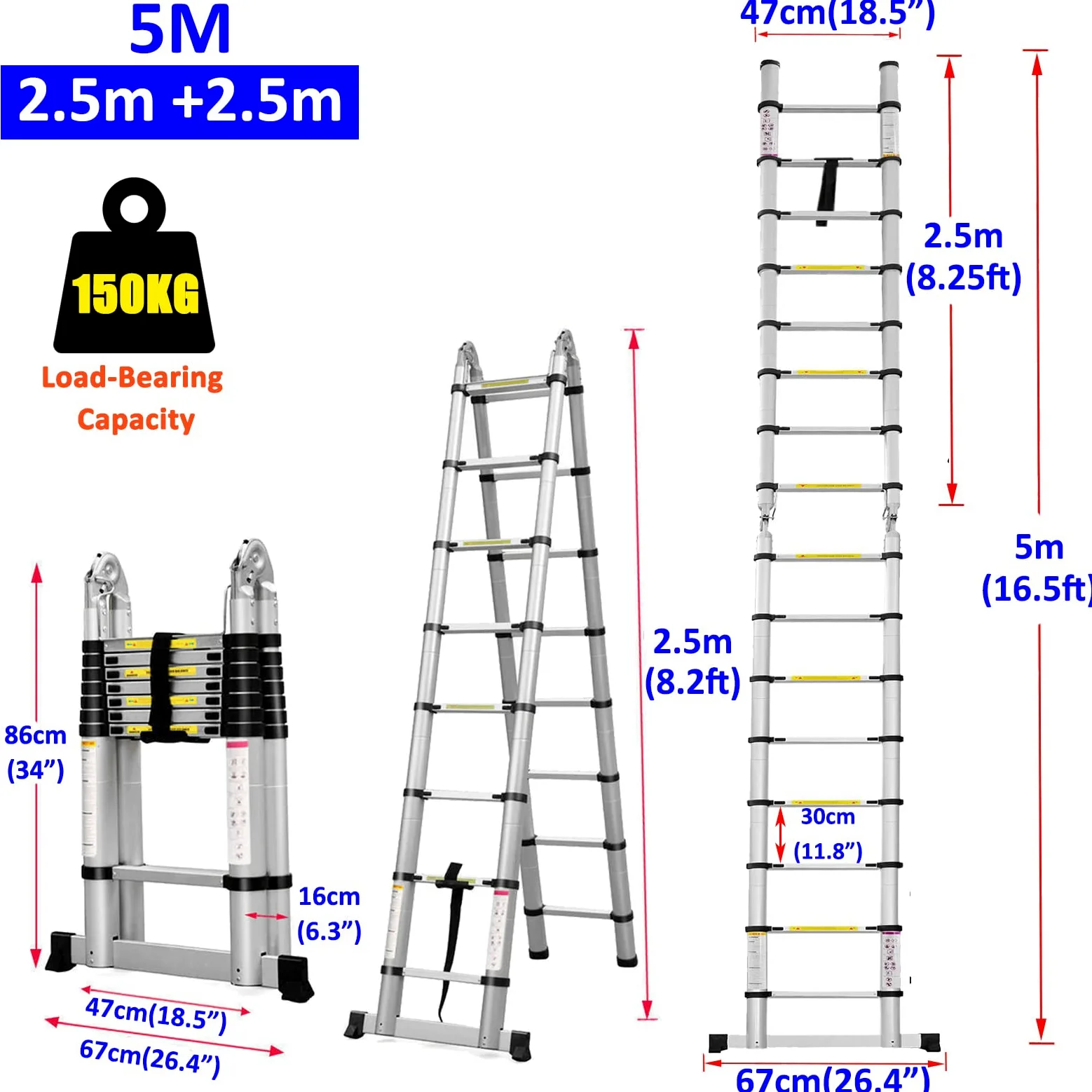 5M Scala Alluminio Telescopica Pieghevole(2.5M+2.5M), Portable Estensione Scala Retrattile per Soppalco Esterno, Scaletta Pieghevole Scala Multiuso 16 Gradini, Norme EN131, Capacità 150kg
