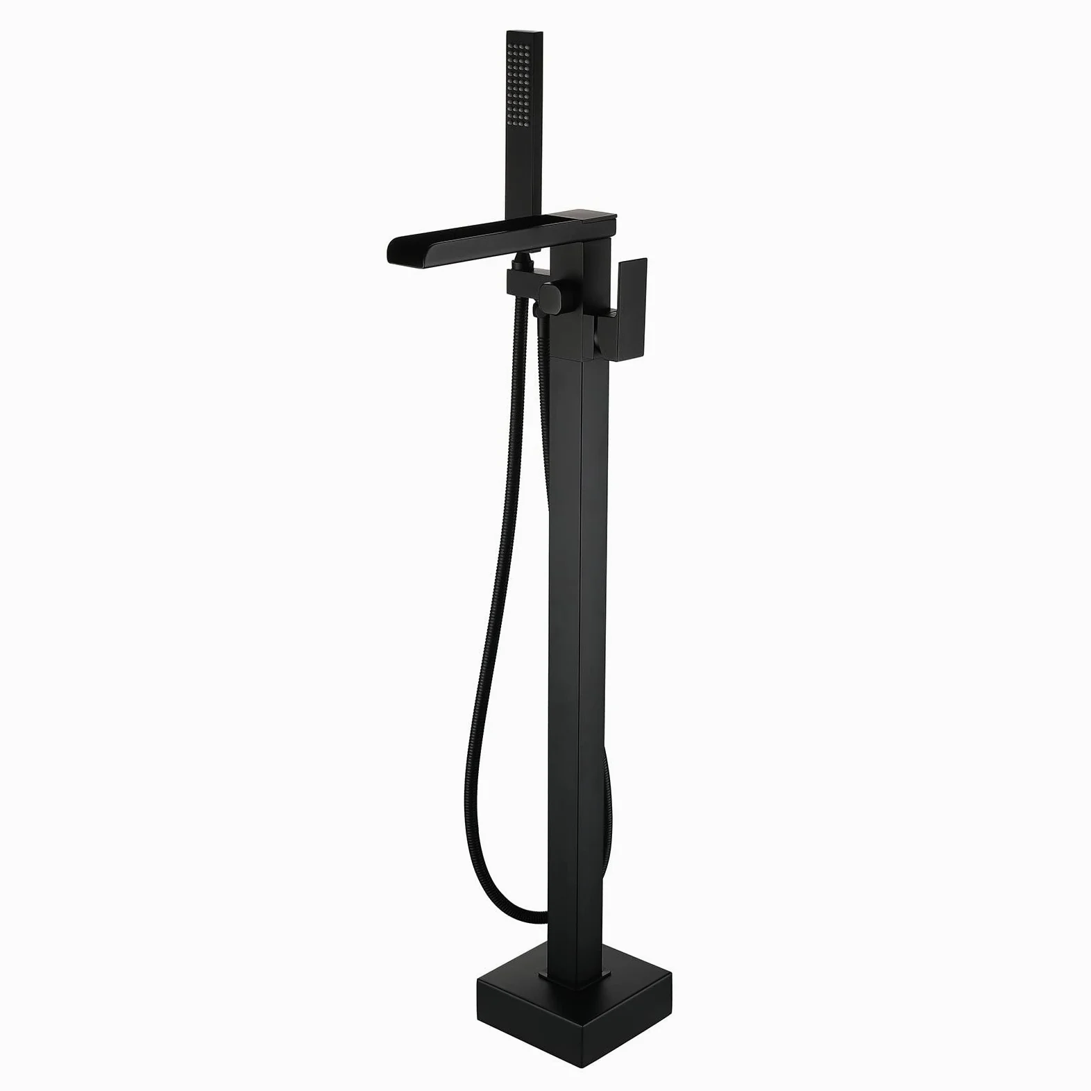 Rubinetto Per Vasca Pavimento In Piedi Da Bagno Con Beccuccio A Cascata E Spruzzatore A Mano,Freestanding Rubinetti Per Vasca, Nero（collegamento interno）