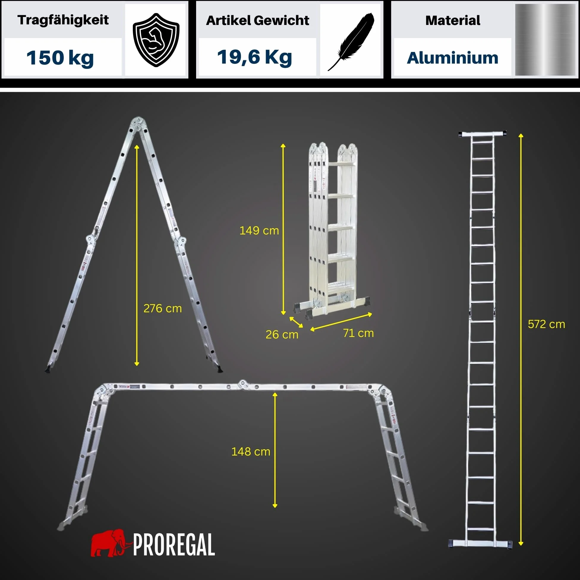 PROREGAL Scala multiuso a pioli MULTISTEP, 4 sezioni in alluminio, 4x5 pioli, altezza fino a 5,7 m, portata 150 kg, ponteggio di lavoro, scala a pioli, scala a pioli appoggiata