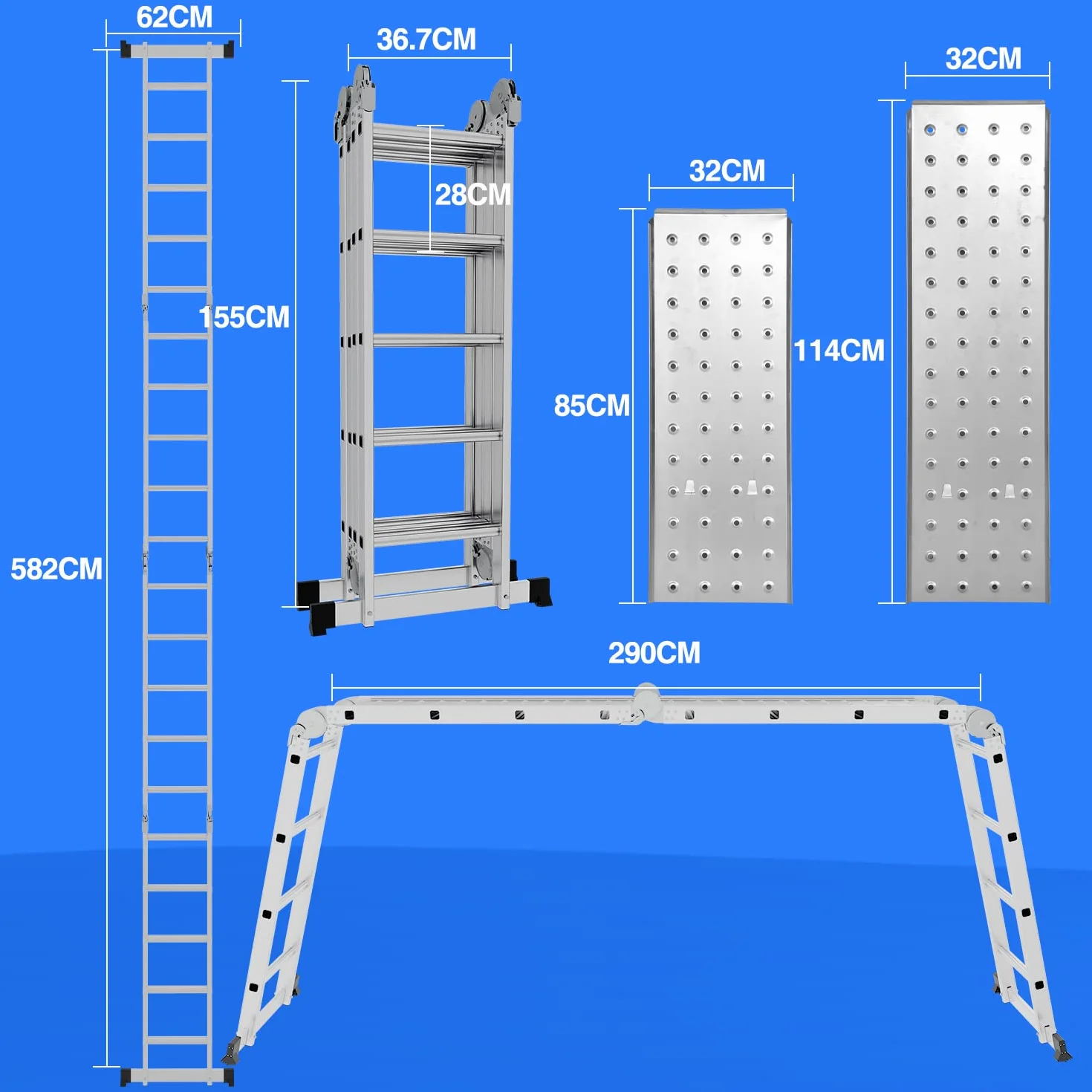 Scala multifunzione 7 in 1 da 5,82 m in alluminio multifunzionale, 4 x 5 gradini scala multifunzionale con 2 piastre di ponteggio e 2 ruote, scala pieghevole scala da lavoro scaletta per uso