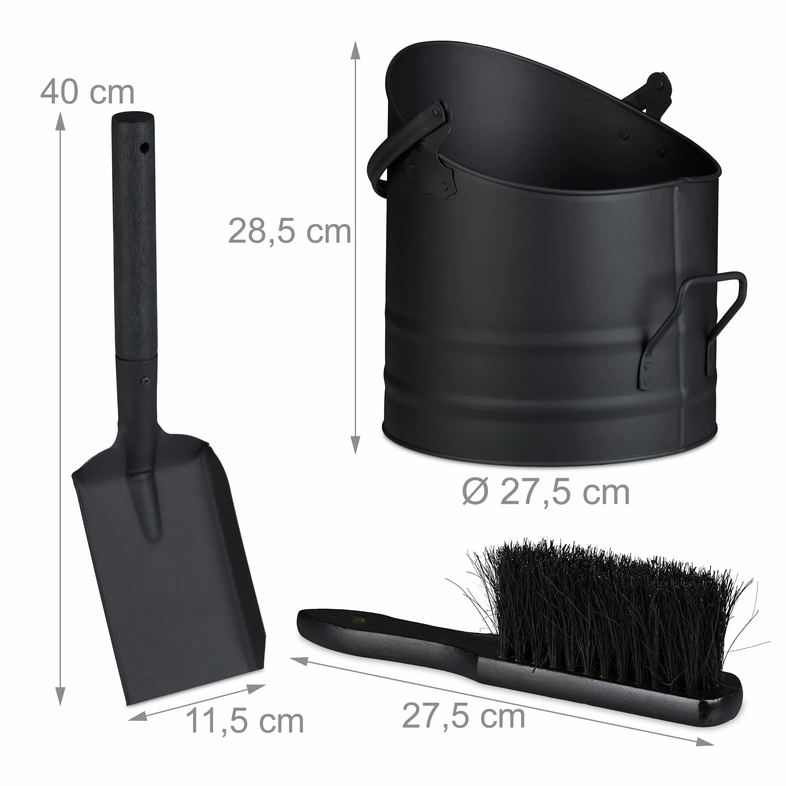 Relaxdays Secchio Raccogli Cenere e Legna da Ardere, Cestello 9,5 L con Scopa e Paletta da Camino, Cestino Ferro, Nero