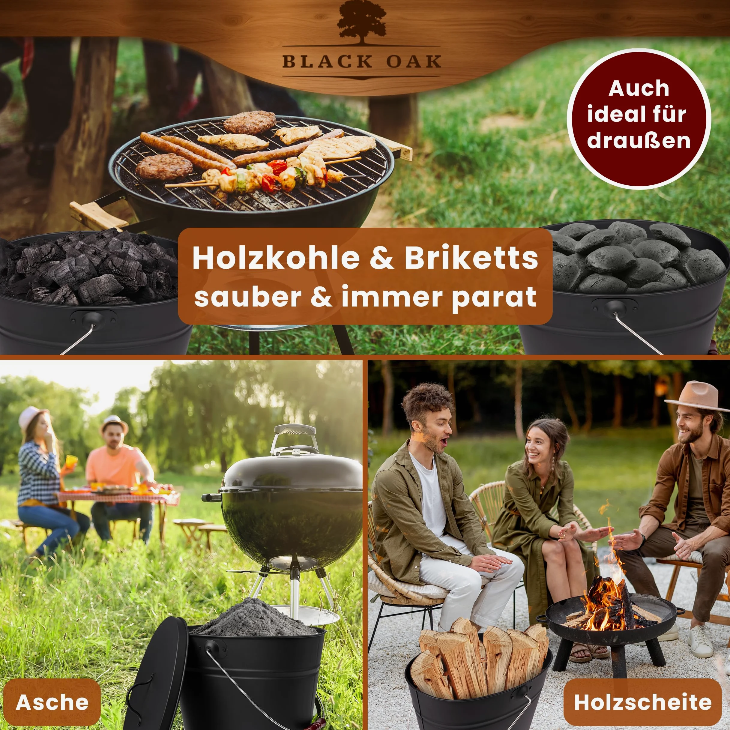 BLACK OAK Secchio per cenere Vesuvio 15L – nero ovale con coperchio - grande 15 litri - in acciaio resistente al fuoco zincato e verniciato a polvere, ideale per cenere e carbone, accessorio perfetto