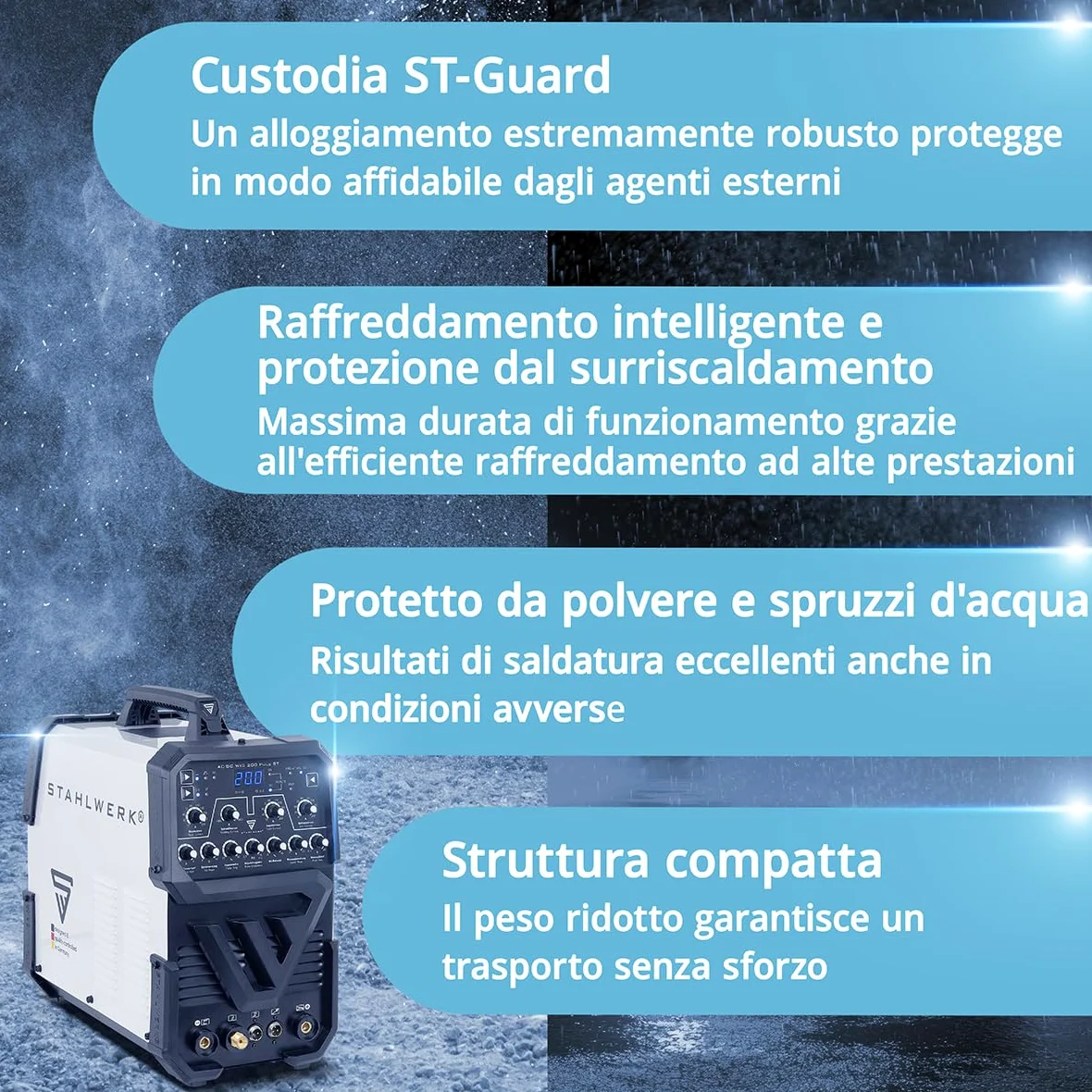 STAHLWERK Saldatrice AC/DC TIG 200 Puls ST – Inverter IGBT con modalità AC, MMA (elettrodo) fino a 200 A, innesco HF, funzione Pulse, 2T & 4T, Hotstart, per alluminio & lamiere sottili