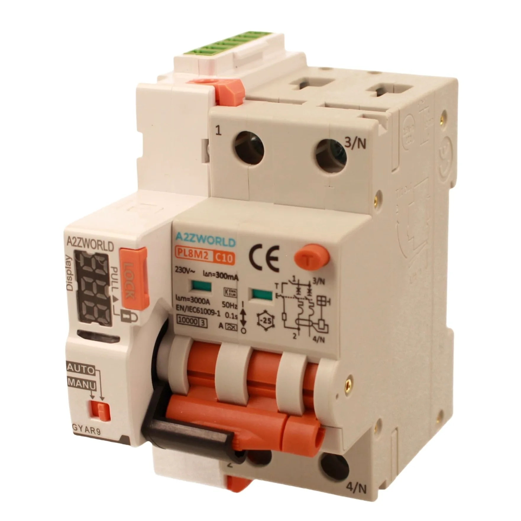 Interruttore Magnetotermico Differenziale Con Riarmo Automatico, RCBO Tipo A Curva C, Idn 300mA / 0.3A, In 20A, 2P Veri 6kA, 3 Moduli, con 3 Tentativi di Riarmo (10s/60s/300s)