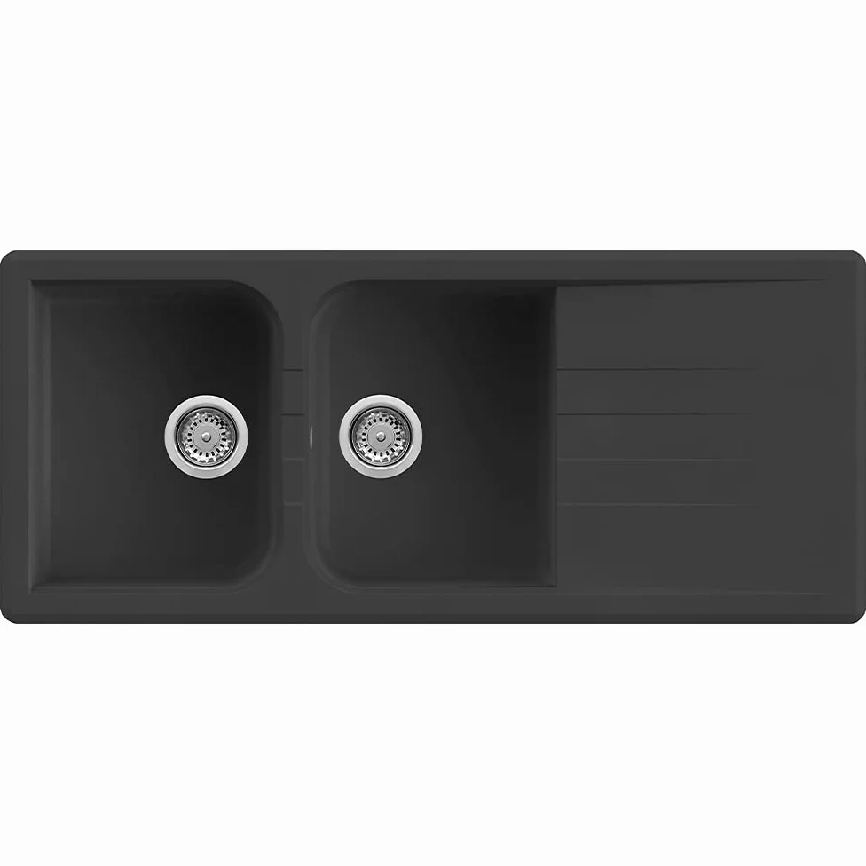 Set Lavello Prime 116 116×50 Nero Granito e Miscelatore First Monocomando Canna Girevole Nero Quareco