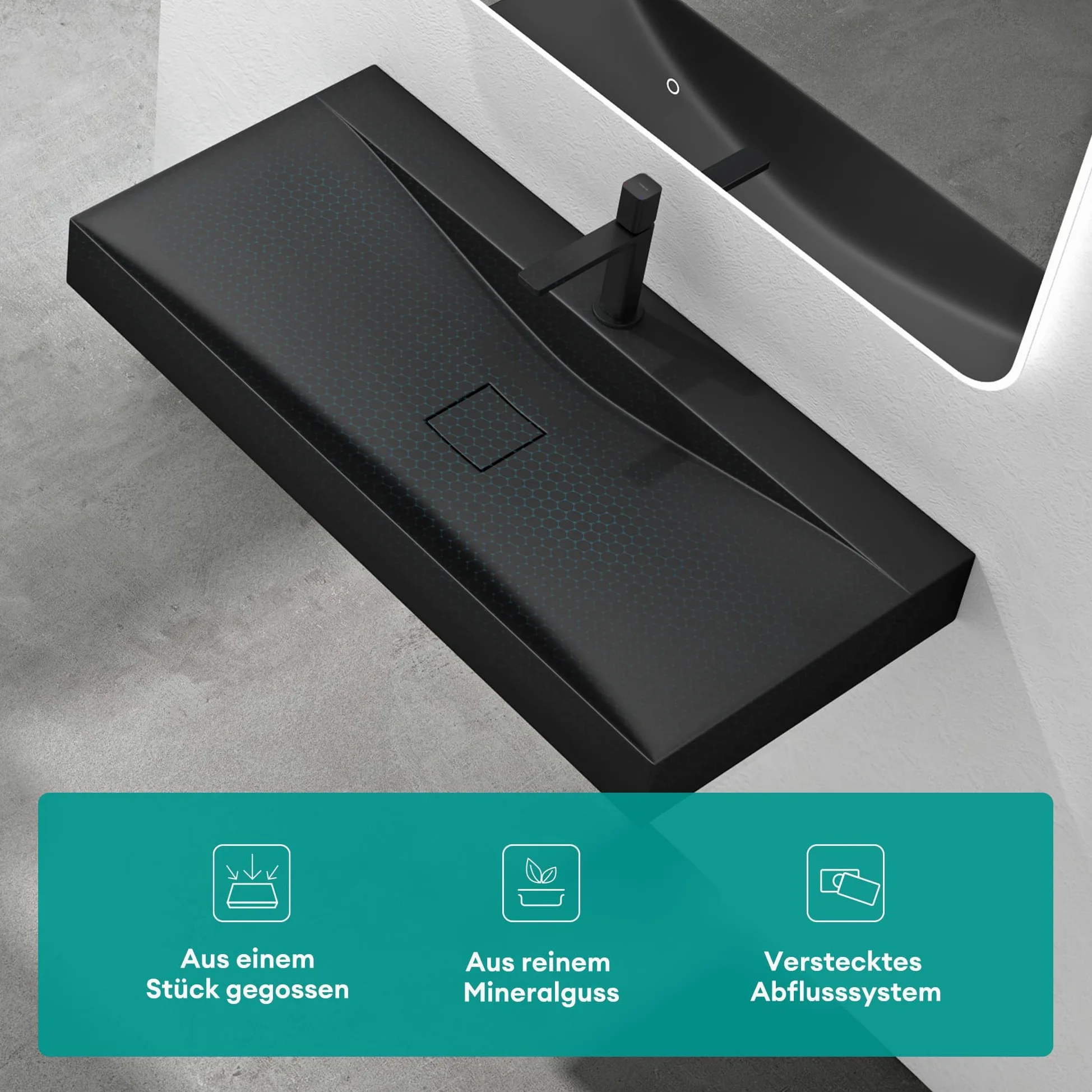Mai & Mai Lavabo da Appoggio 60x48x10cm, Lavabo Bagno Sospeso Lavandino Bagno Rettangolare Colossum810 Marmo fuso, Nero Opaco