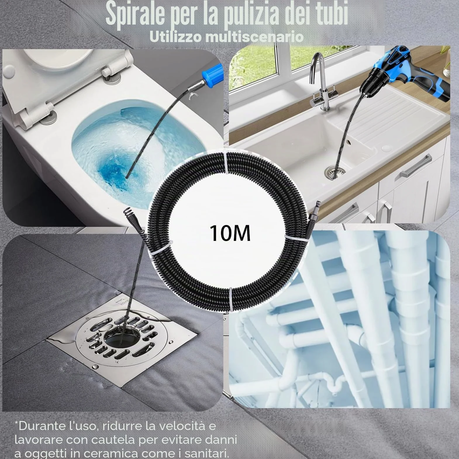 Spirale per la pulizia dei tubi Ø 8 mm x 10 m, con manovella, in acciaio a molla, spirale di scarico per la pulizia dei tubi, spazzola di scarico per ostruzioni difficili da rimuovere - Procedura di