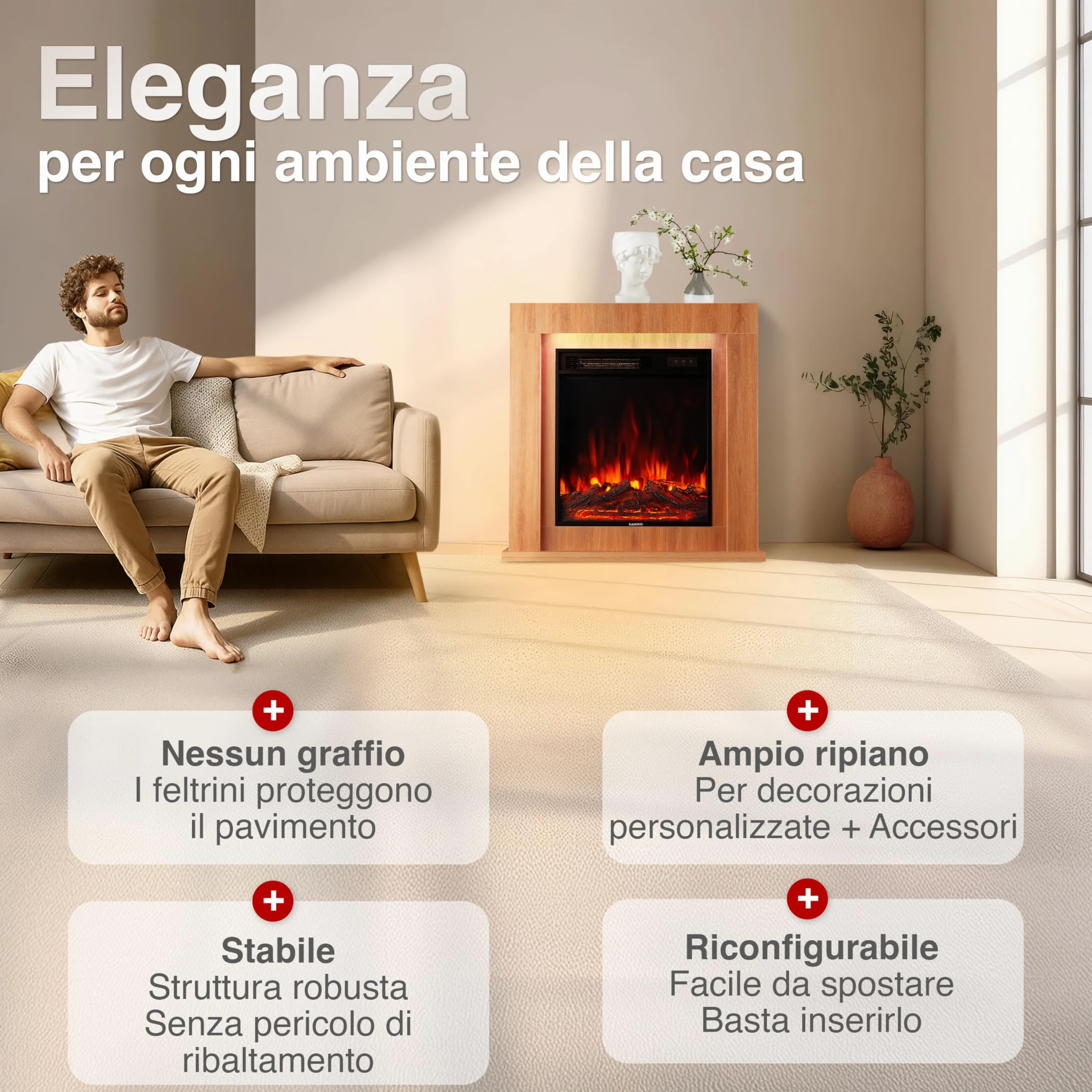 KAMINIO Camino elettrico Matti - Caminetto da pavimento con riscaldamento, effetto fiamma 3D, luce ambiente a LED, telecomando - 32 pollici (Querica)