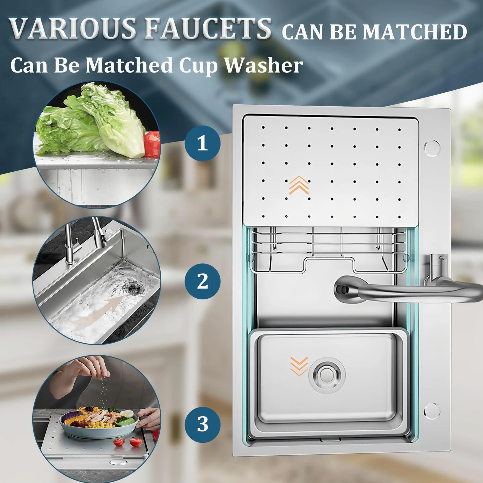 Lavello Da Cucina Multifunzione In Acciaio Inossidabile 304 Fatto A Mano, Lavello Da Cucina Grande A Una Vasca, Installazione A Filo O Soprapiano Con Vasca Rimovibile(70x50x21.5cm)