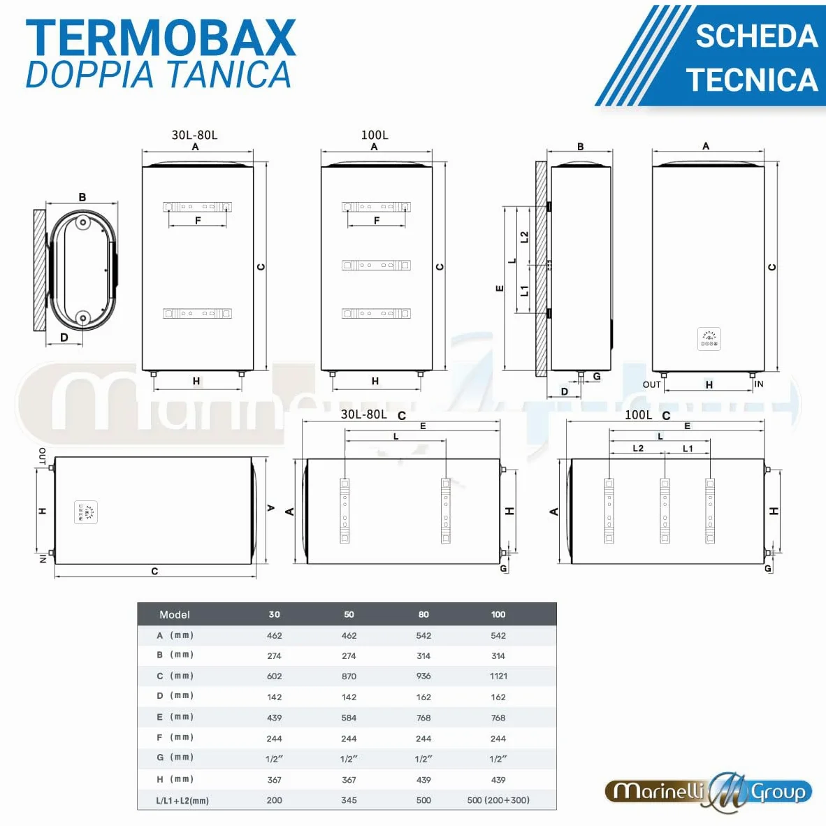 Scaldabagno elettrico DOPPIA TANICA camera serbatoio WIFI lt 30 50 80 100 litri verticale/orizzontale ThermoBax (30 litri)