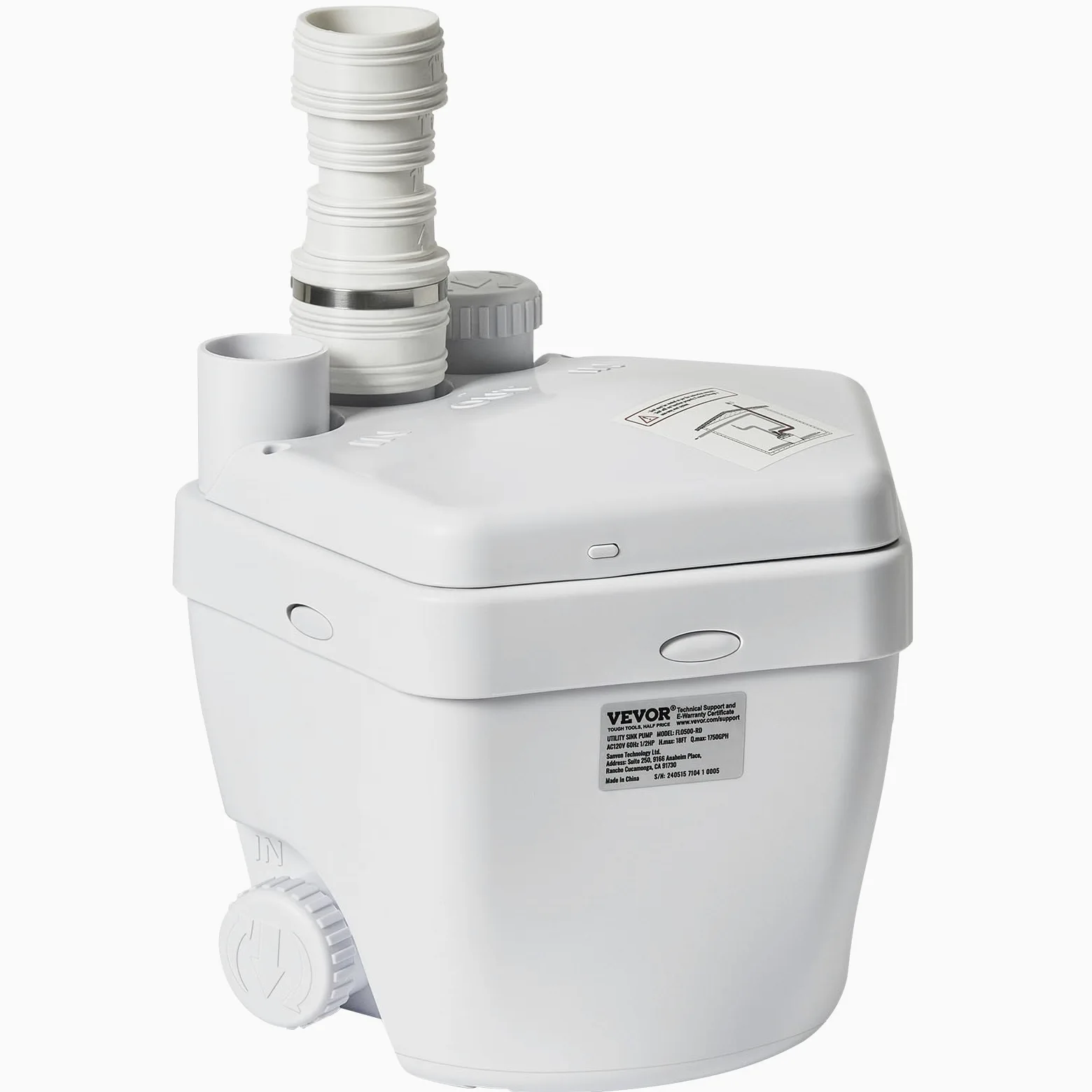 VEVOR Pompa per Lavandino 250 W, Sistema di Pompa per Scarico per Lavandino Sotto Lavandino, Portata 6600L/h 5,5 m, Motore in Filo di Rame, Pompa Sotto Lavandino Scarico 3 Uscite, 8 cm, Bianco