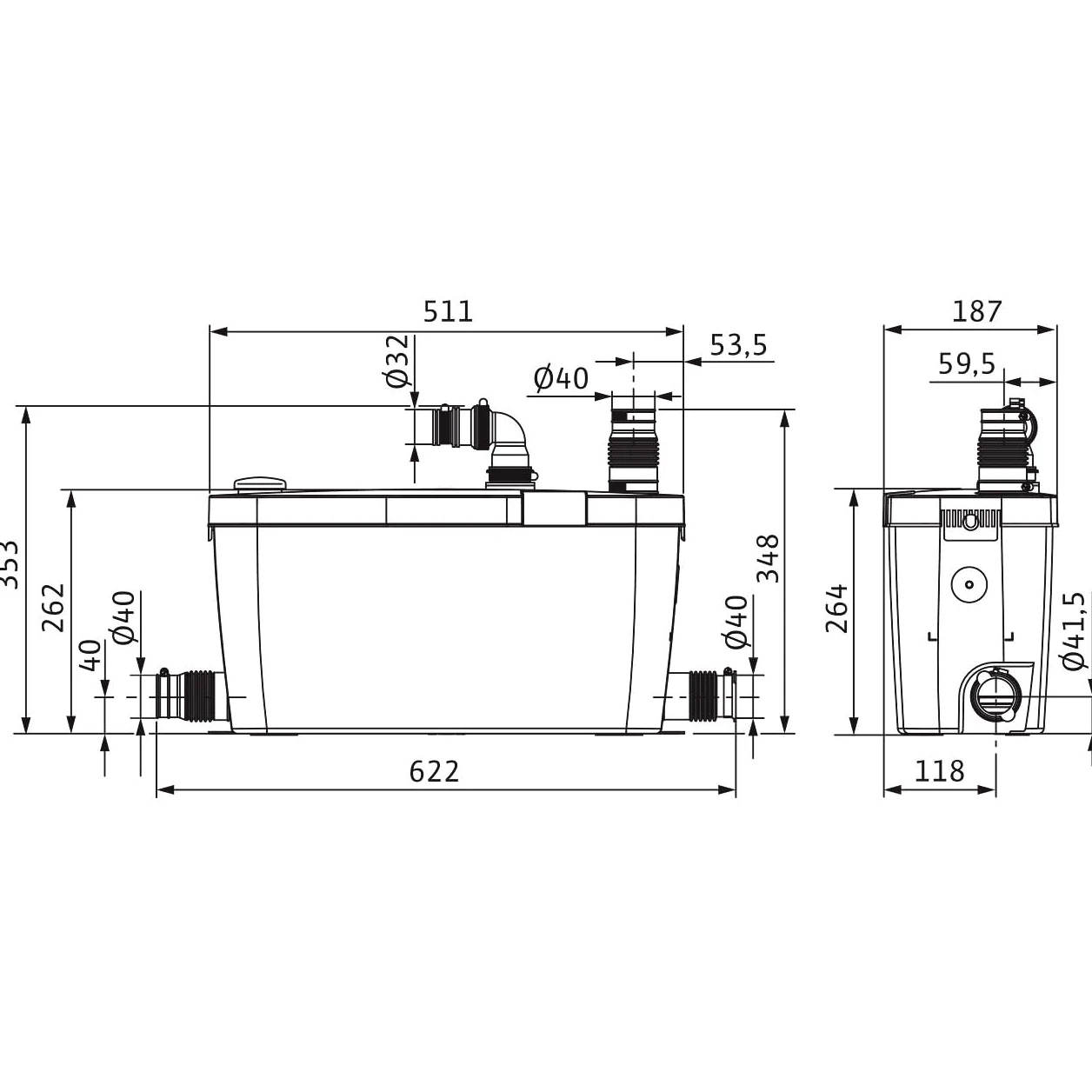 Wilo -iDrainlift 3-37, sistema di sollevamento delle acque reflue compatto per acqua sporca senza feci per il drenaggio di docce, lavatrici, lavastoviglie e lavandino, 3 porte, 6100l/h, 0, 8 bar, 400
